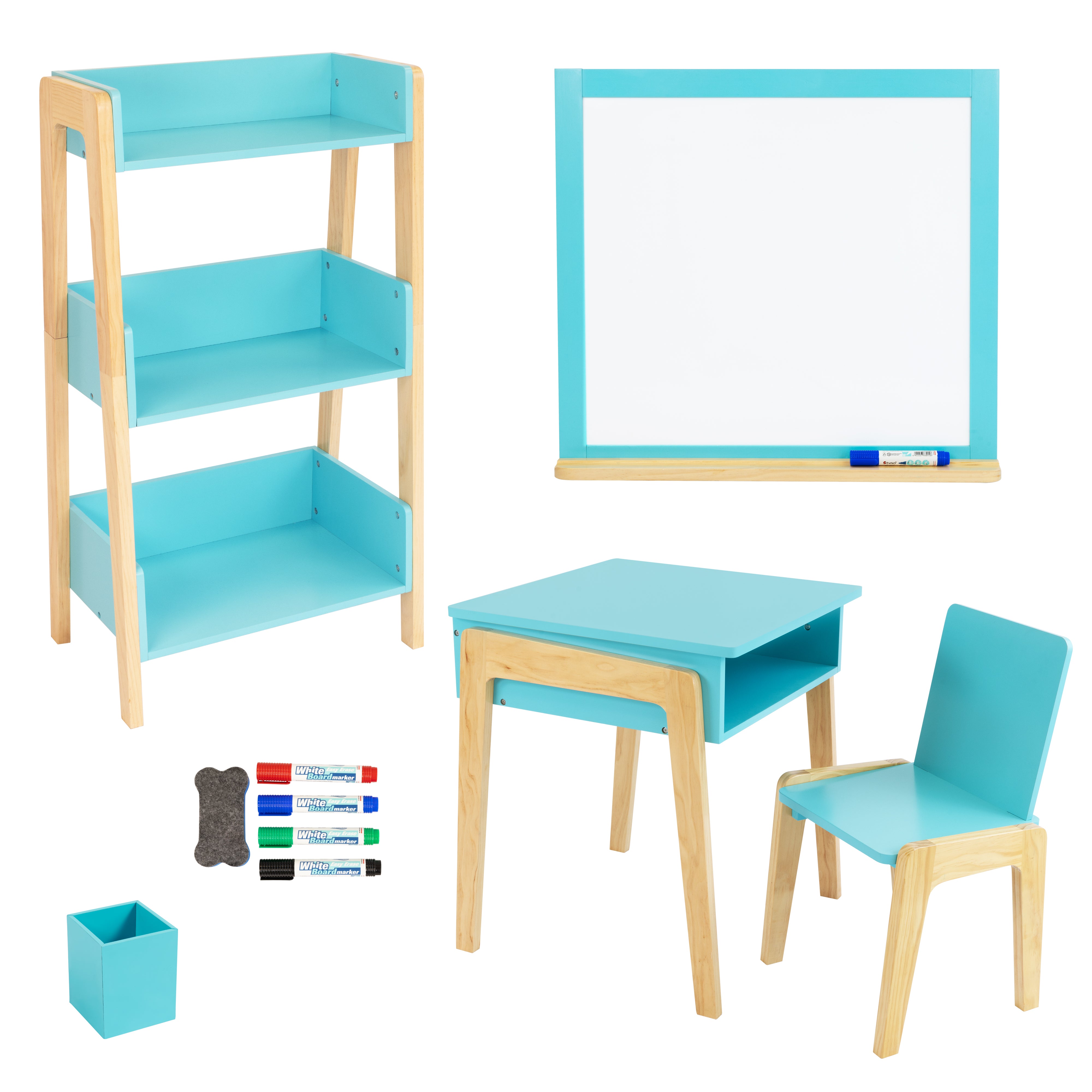 Humble Crew Kids Desk and Chair Set with 3-Shelf Bookcase, Dry-Erase Whiteboard, Markers, and Eraser – Study & Play Station for Toddlers and Preschoolers