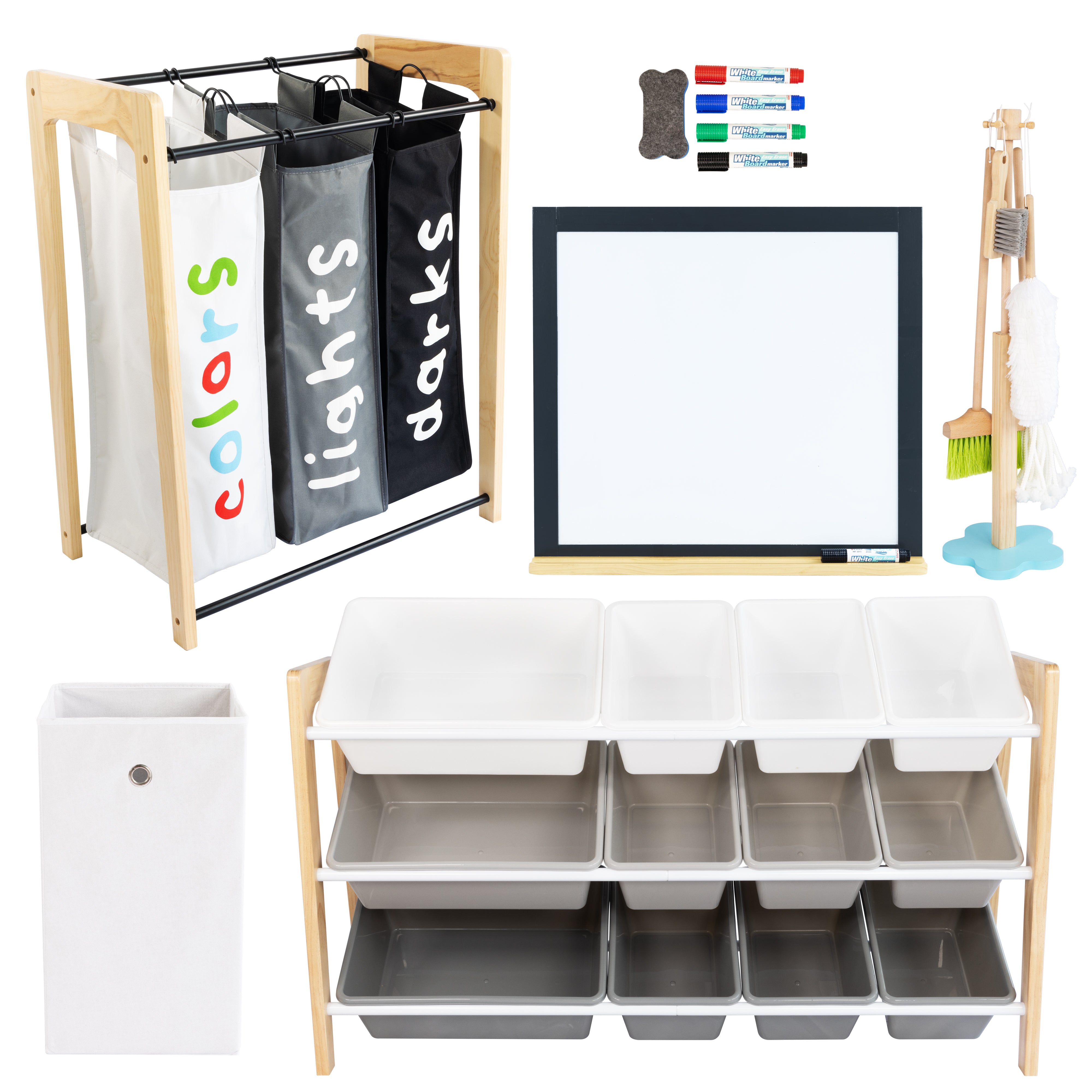 Humble Crew Kids 12-Bin Toy Organizer with Laundry Hamper & Pretend Cleaning Set – Storage for Toddlers, Preschool Playroom, and Toys