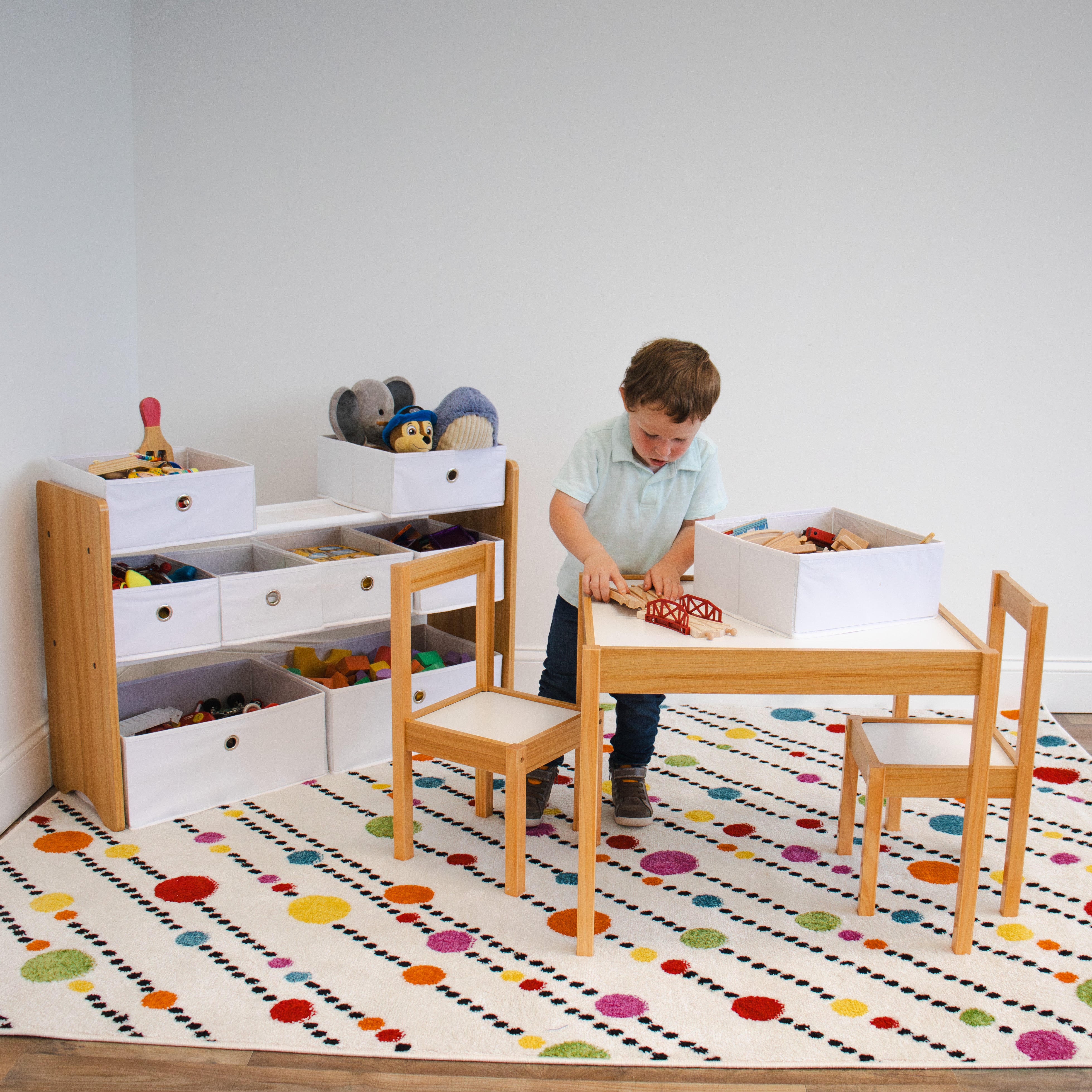 Humble Crew Journey Playroom in a Box, Kids 9 Bin Toy Organizer and 3pc Wood Table and Chair Set, Natural/White