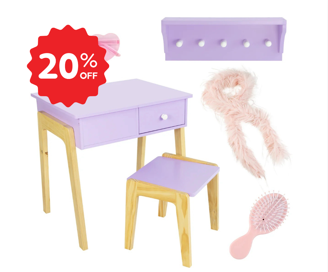 Humble Crew Kids Wooden Vanity Table & Stool with Mirror, Hanging Shelf, and Dress-Up Accessories – Pretend Play Makeup Station for Toddlers & Preschoolers