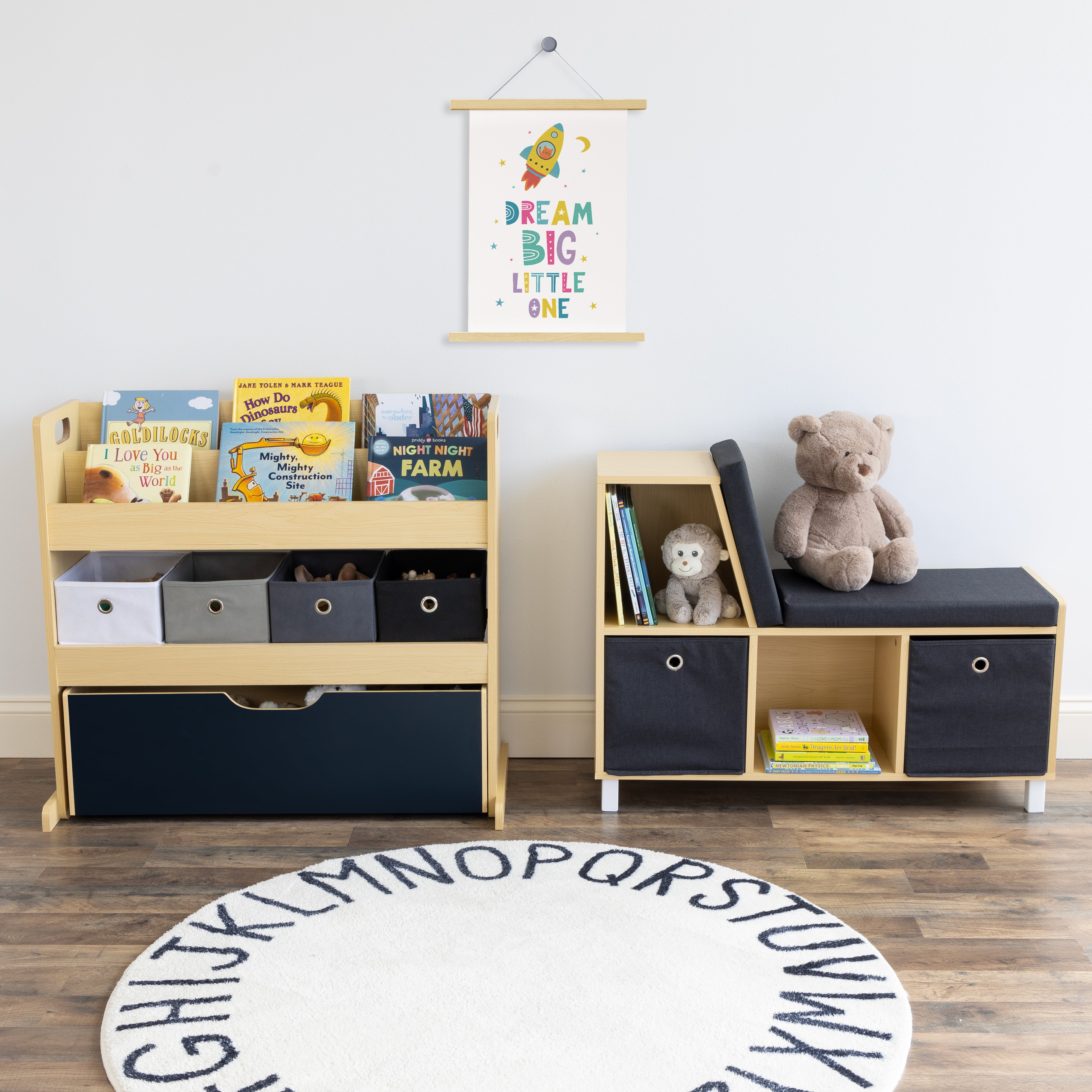 Humble Crew Dalton Toddler 3-in-1 Toddler Sized Storage Organizer with Rolling Chalkboard Toy Box, Fabric Bins, Natural/Black/White/Grey