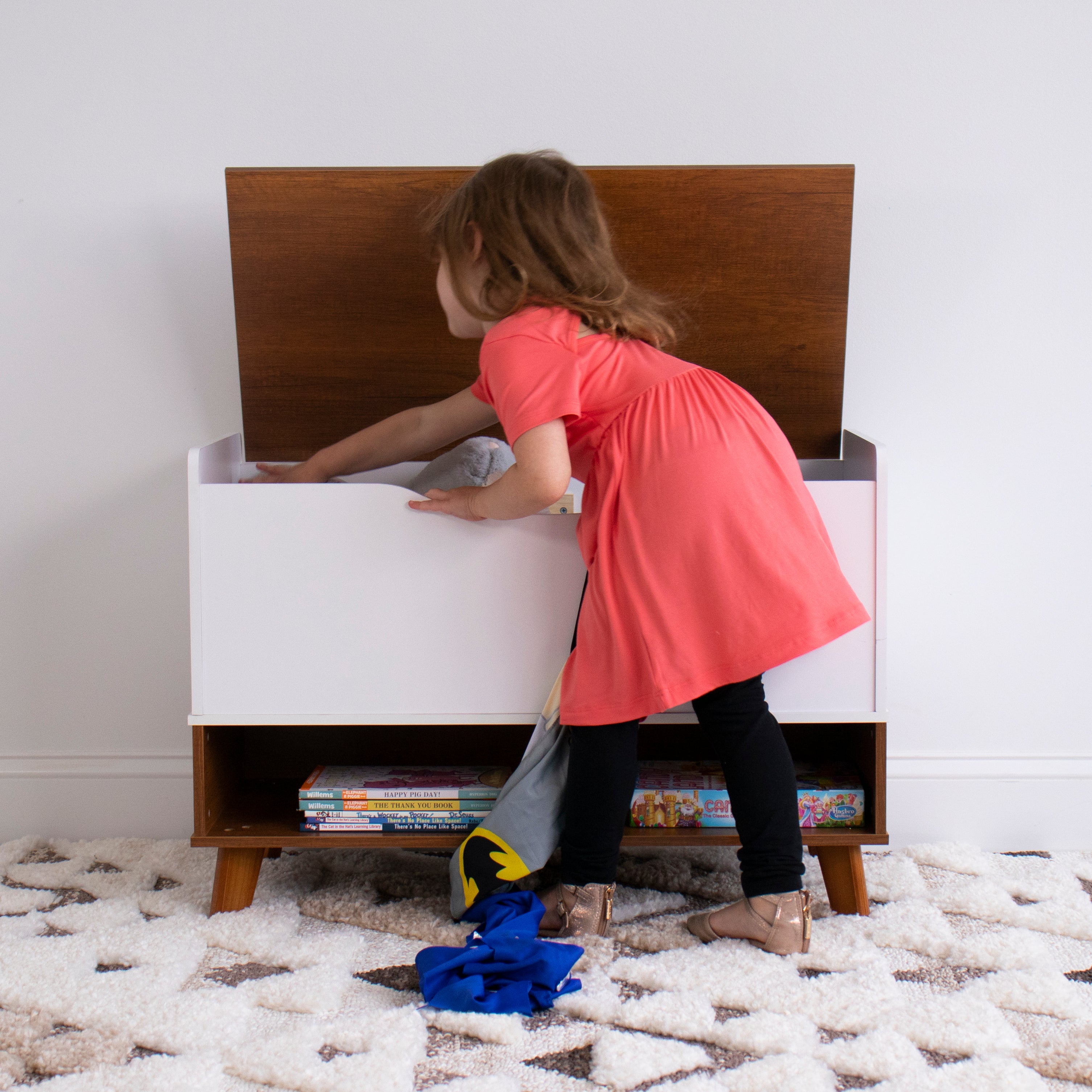 Humble Crew Morgan Mid-Century Modern Toy Box with Soft Close Lid and Storage Shelf Toy Chest, Warm Wood/White