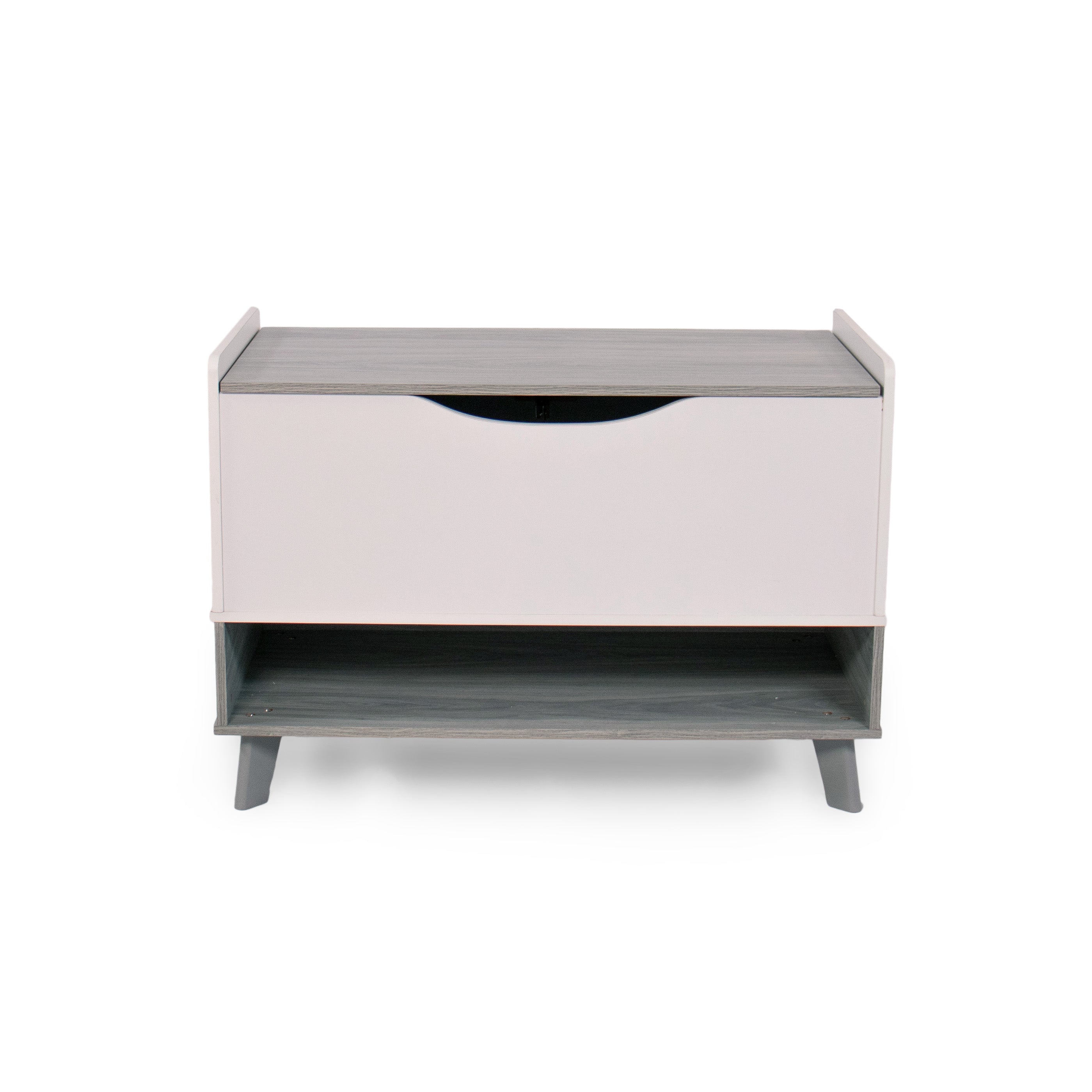 Humble Crew Slate Mid-Century Modern Toy Box with Soft Close Lid and Storage Shelf Toy Chest, Grey Wood Grain/White