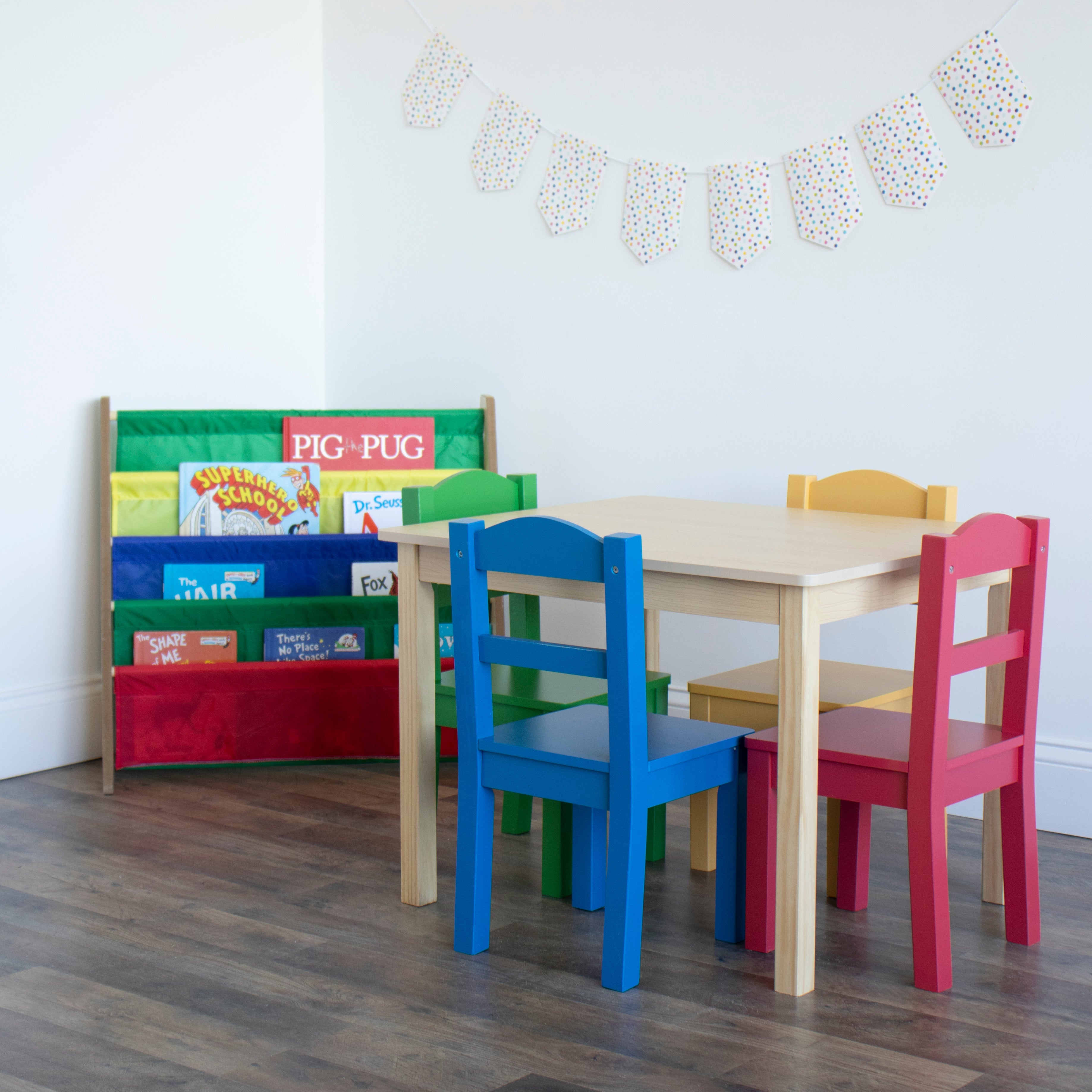 Primary Natural Wood Table & 4 Primary Chairs