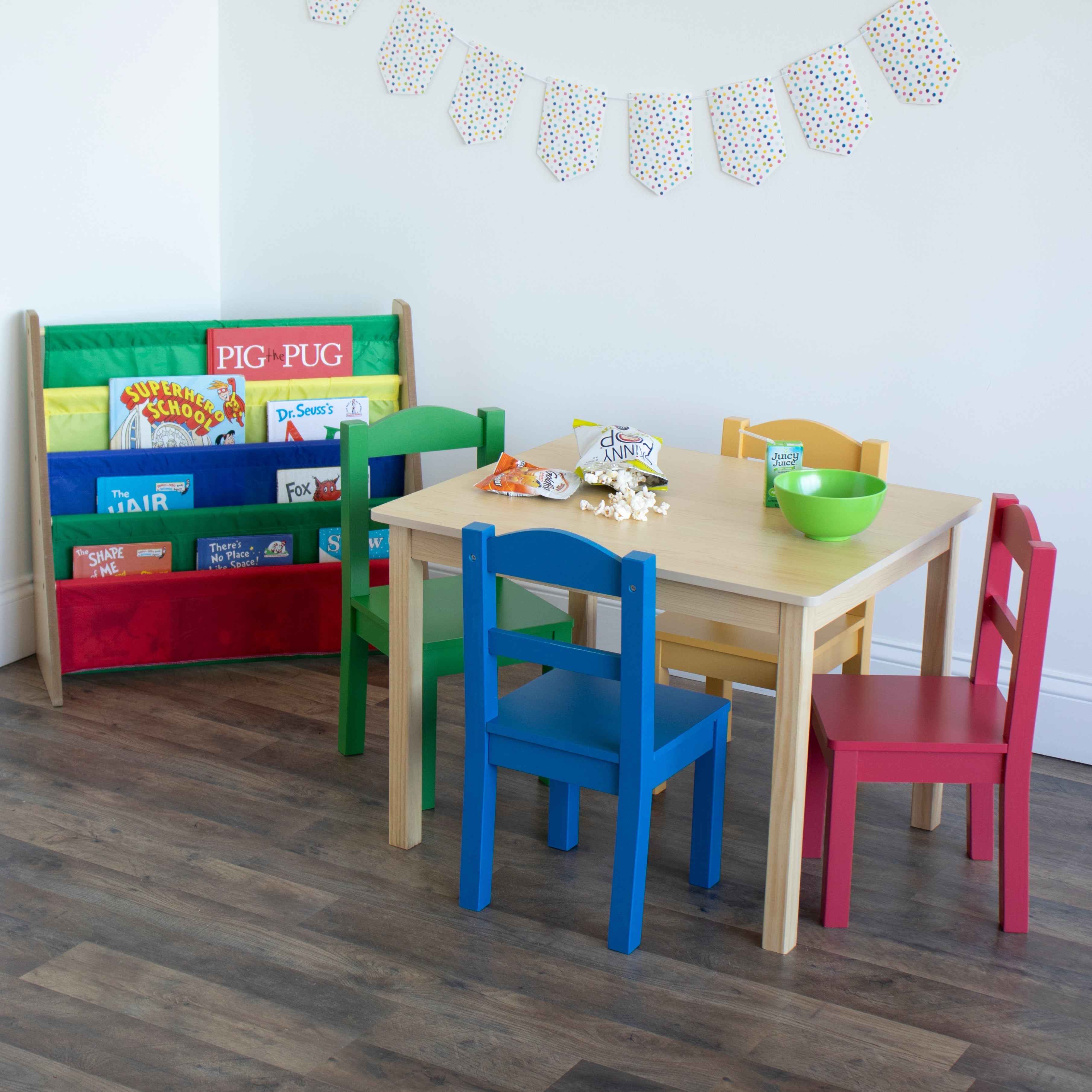 Primary Natural Wood Table & 4 Primary Chairs