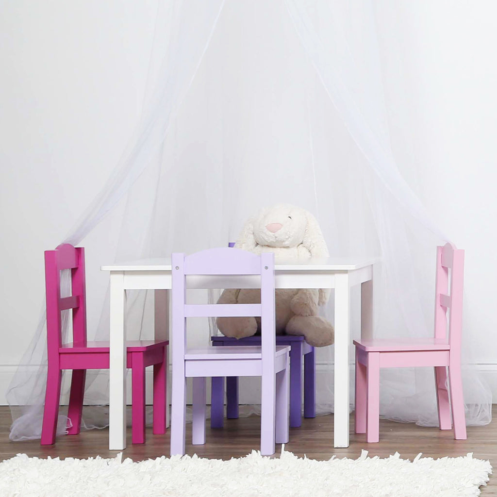 Forever White Wood Kids Table & 4 Pink and Purple Chairs
