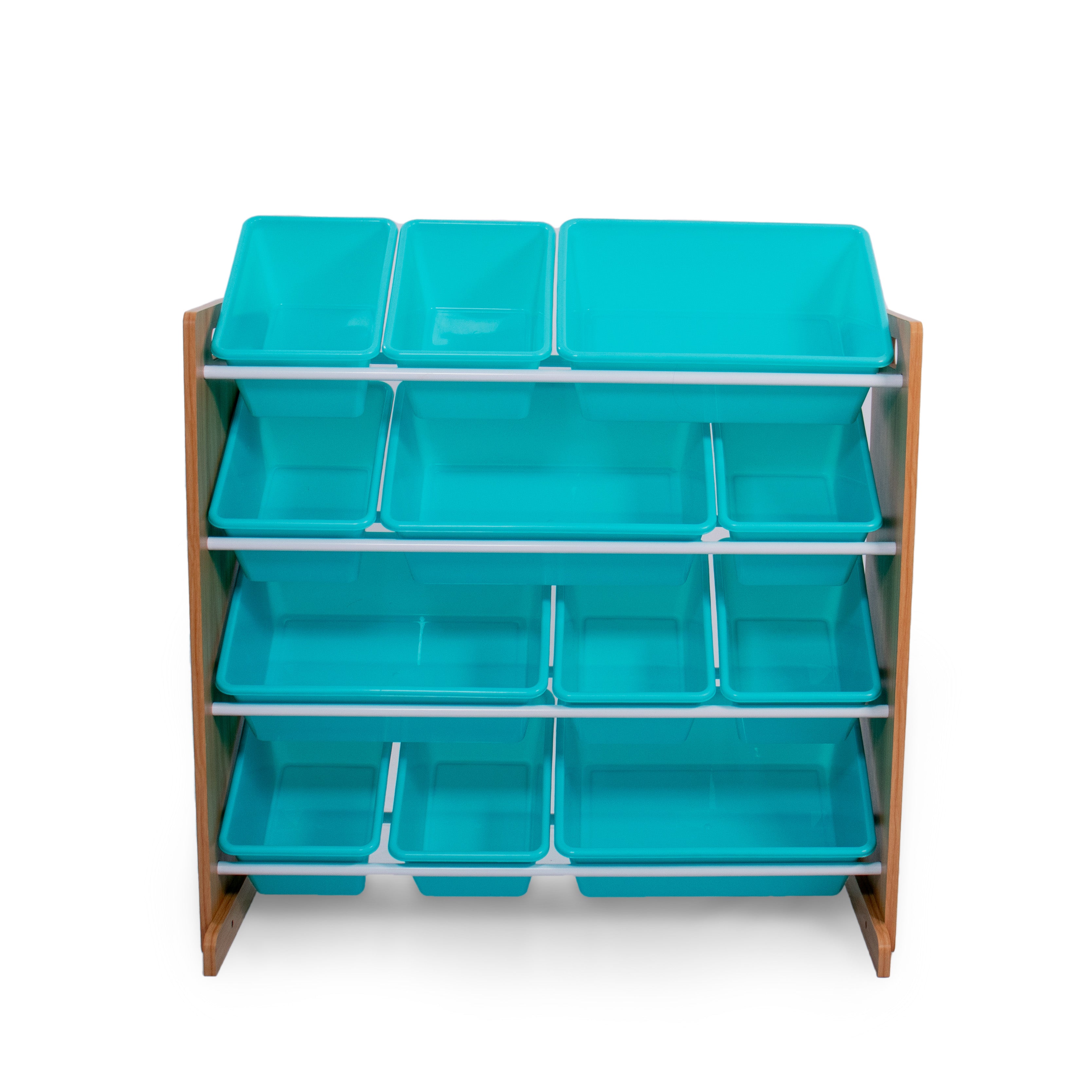 Humble Crew 12 Bin Toy Storage Organizer, Natural Wood/Aqua