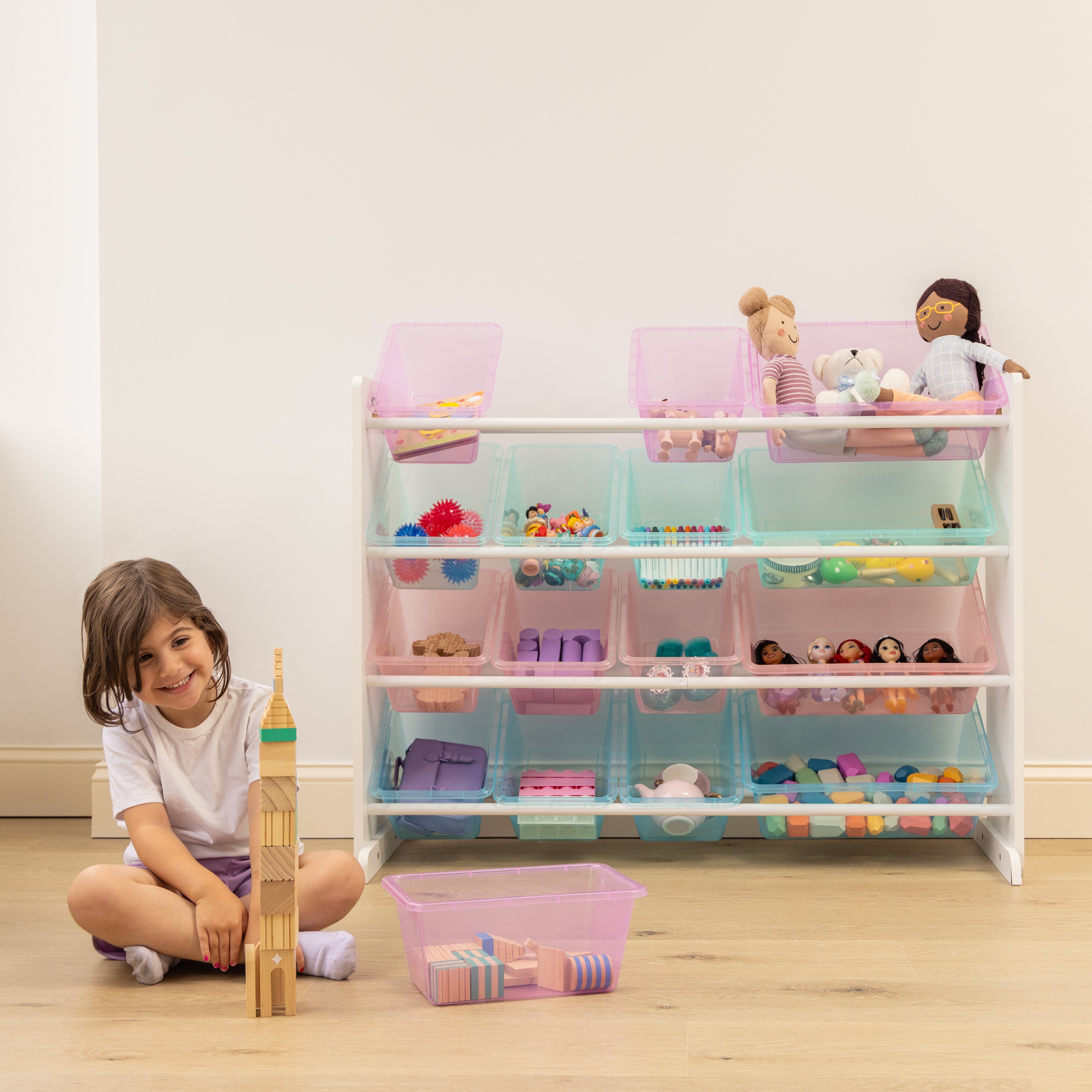 Humble Crew Unicorn Supersized Toy Storage Organizer with 16 Plastic Storage Bins, White/Purple/Pink/Blue
