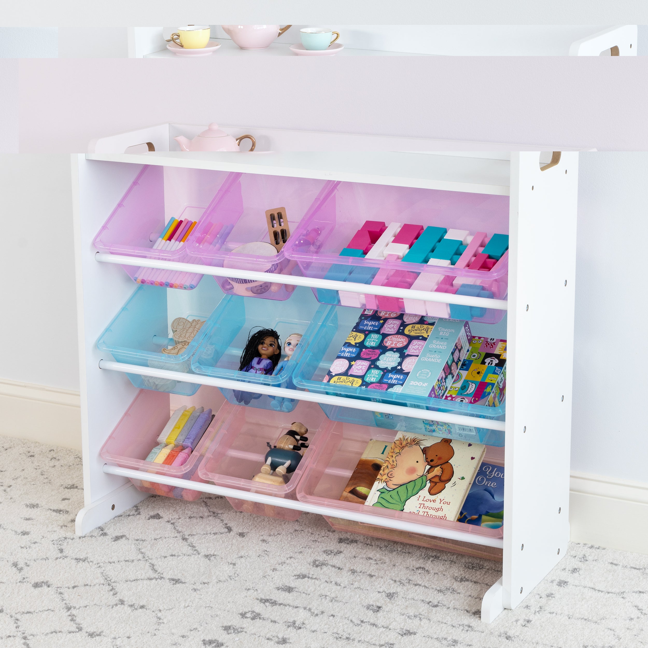 Humble Crew Unicorn Toy Storage Organizer with Shelf with 9 Plastic Storage Bins, White/Purple/Pink/Blue