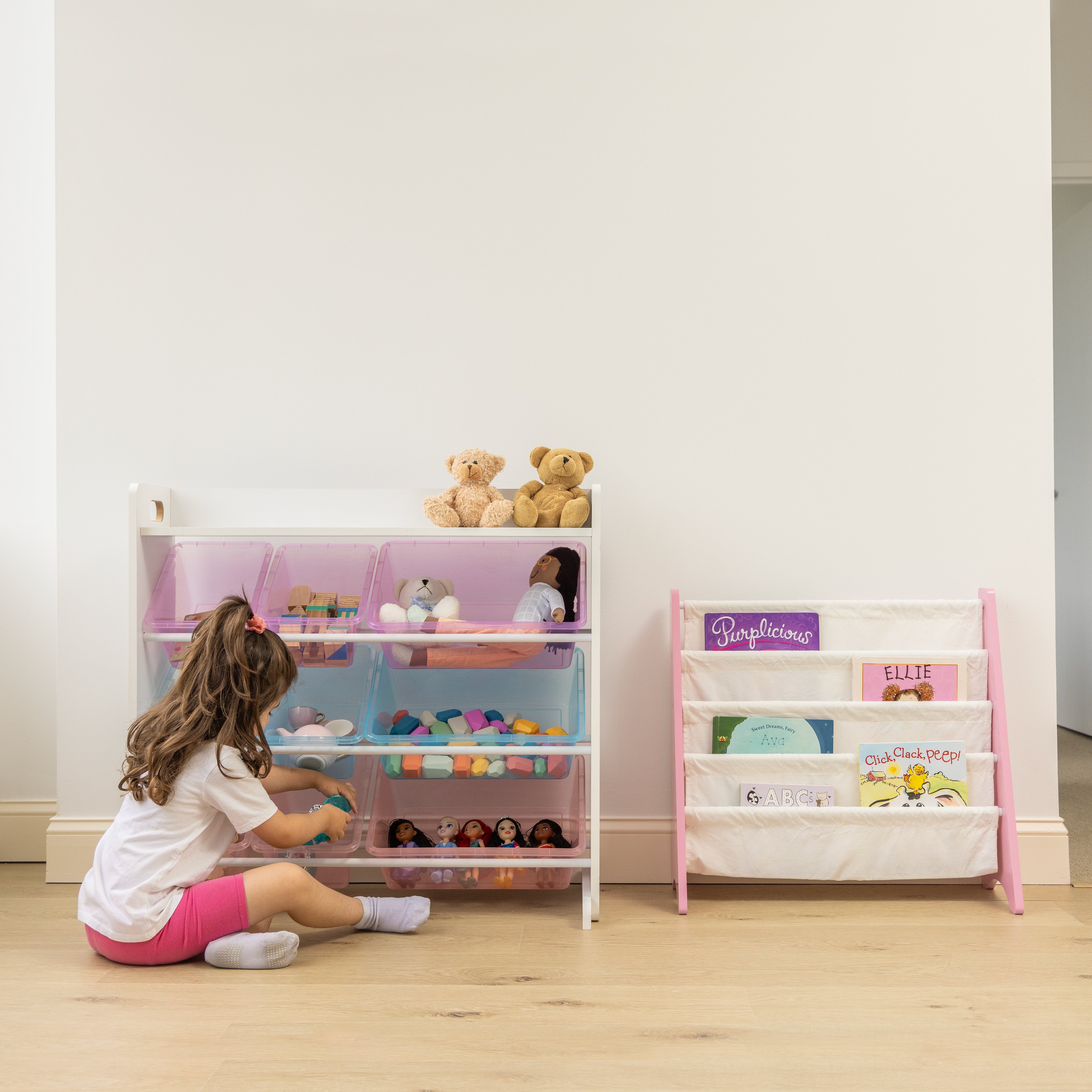 Humble Crew Unicorn Toy Storage Organizer with Shelf with 9 Plastic Storage Bins, White/Purple/Pink/Blue