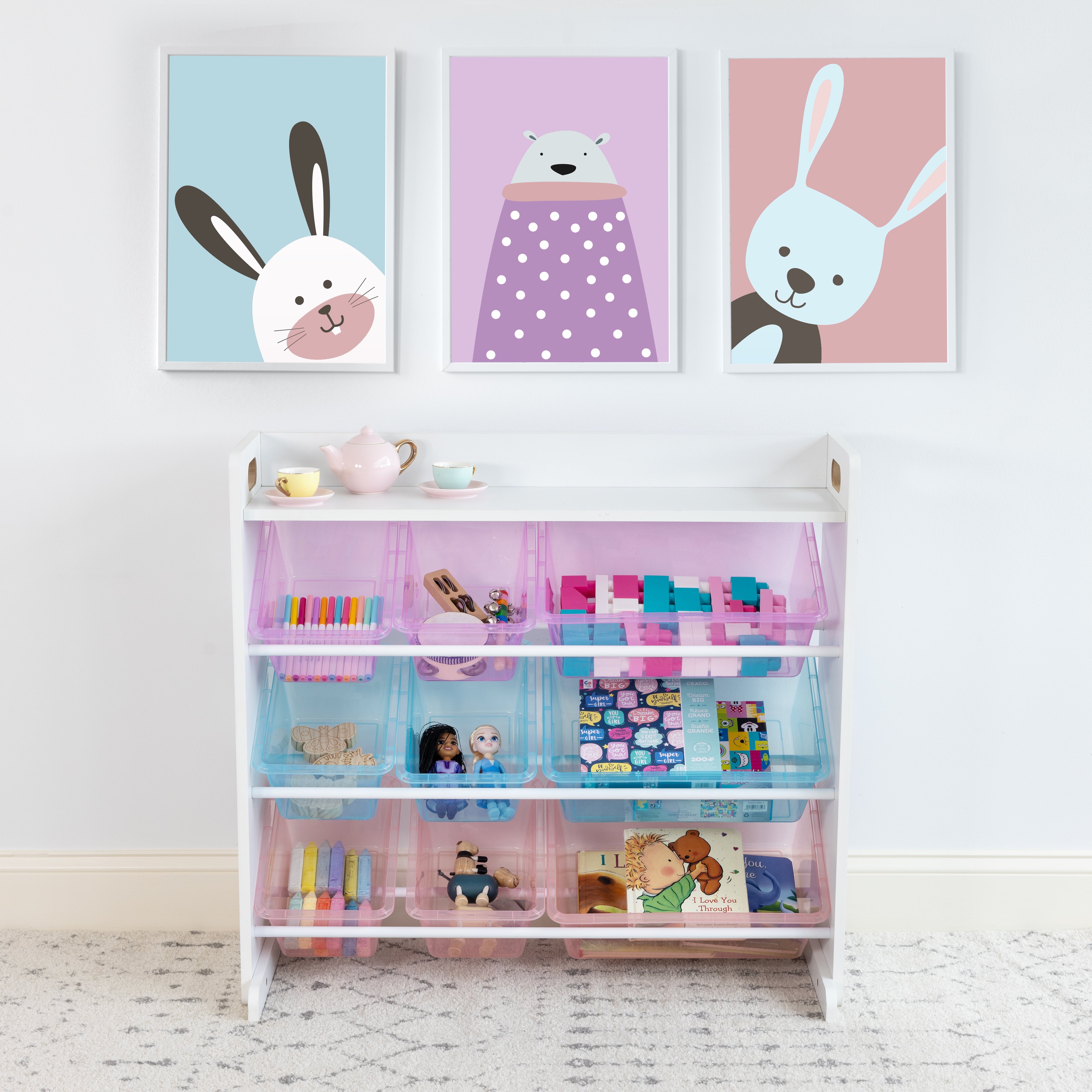 Humble Crew Unicorn Toy Storage Organizer with Shelf with 9 Plastic Storage Bins, White/Purple/Pink/Blue