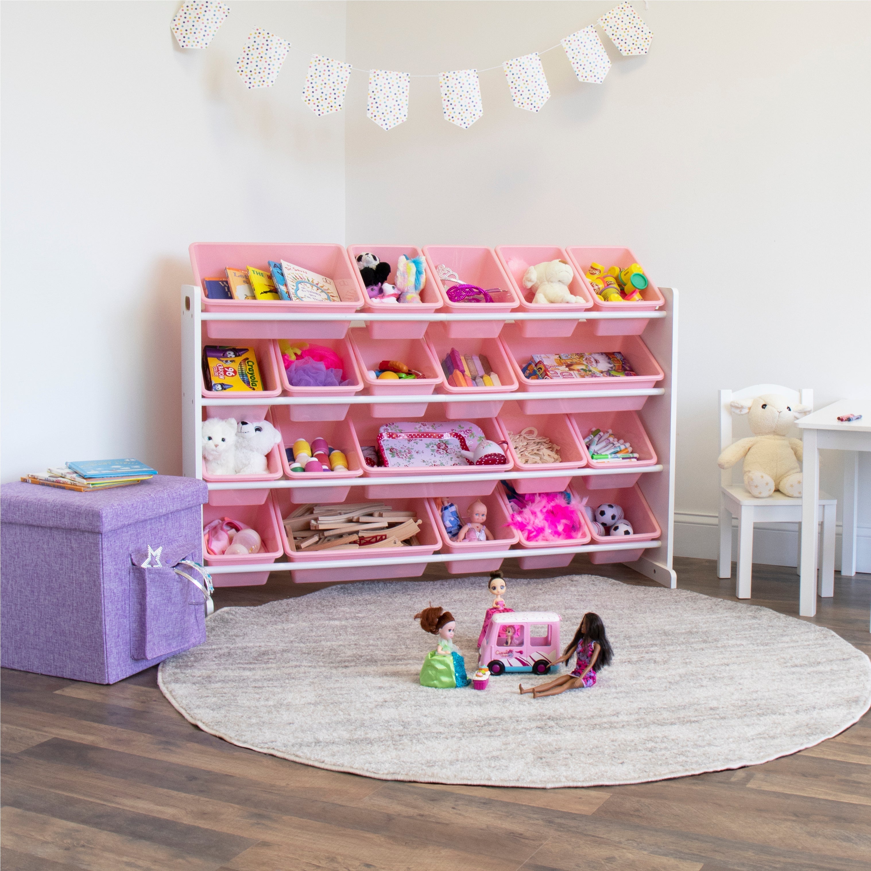 Charlotte Extra Large Toy Storage Organizer with 20 Storage Bins, White/Pink