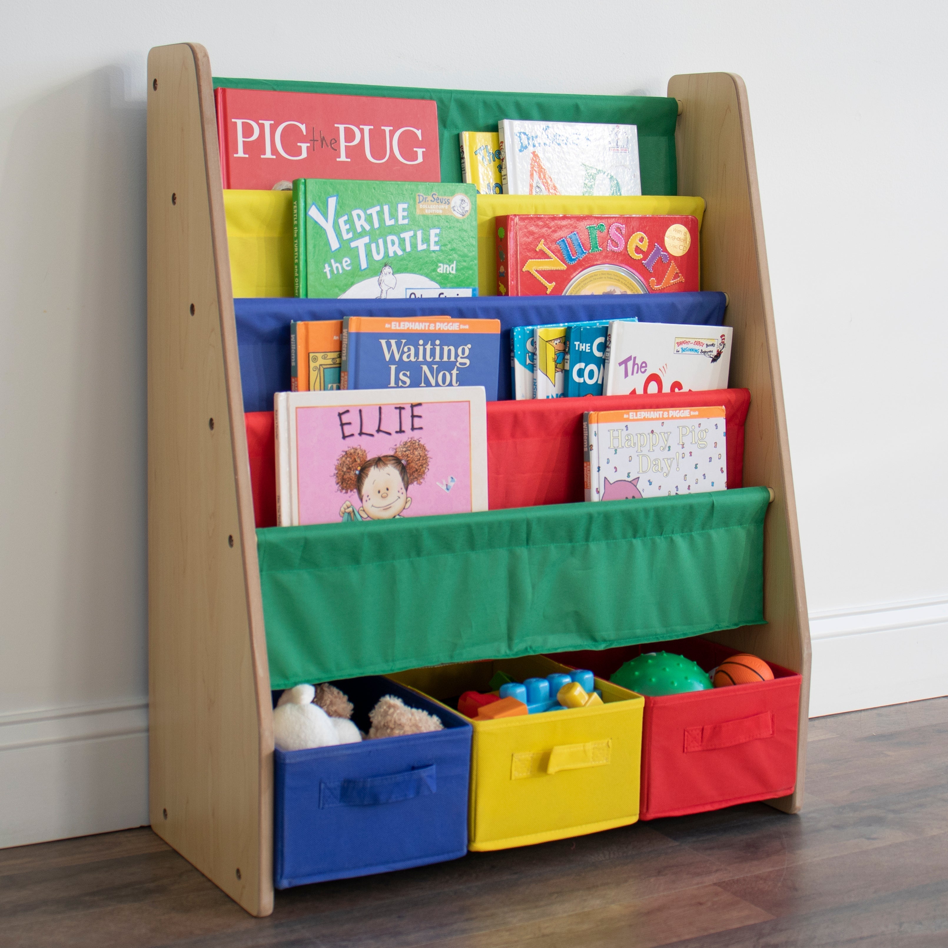 Primary Kids Bookshelf 4 Tier Book Storage and Fabric Bin Organizer