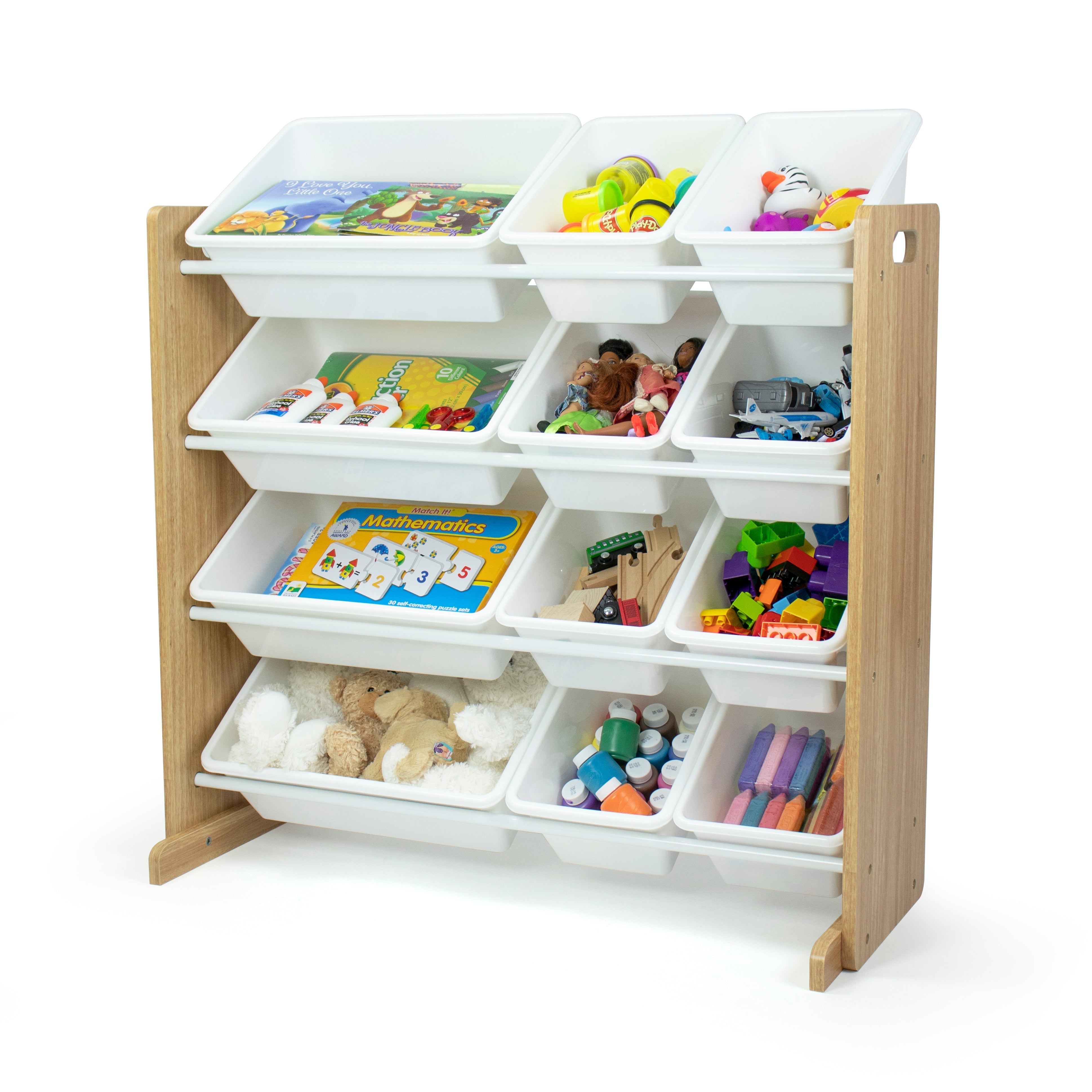Humble Crew Journey Toy Storage Organizer with 12 Storage Bins, Natural Wood/White Bins