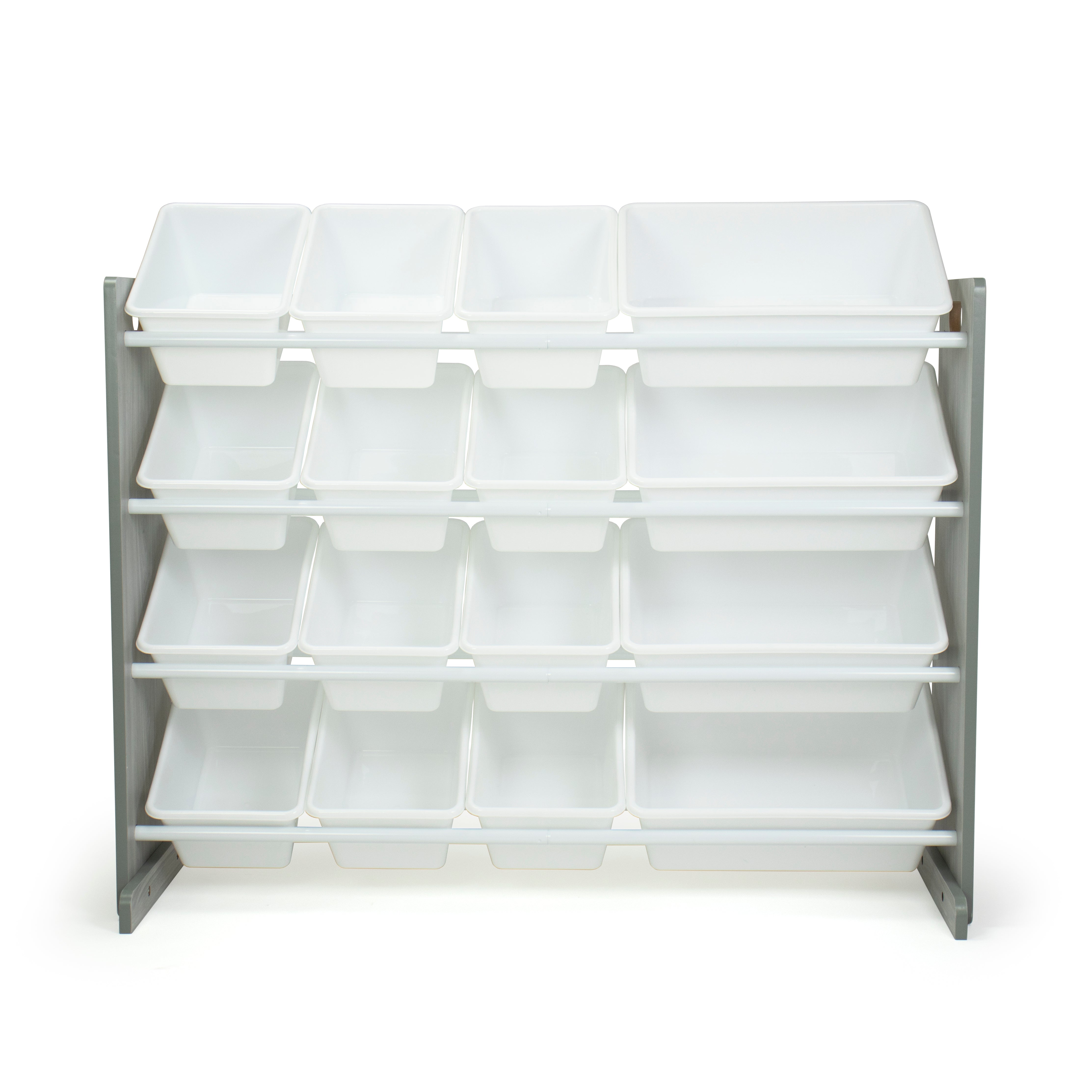 Slate Super Sized Toy Storage Organizer with 16 Storage Bins, Grey Wood Grain/White