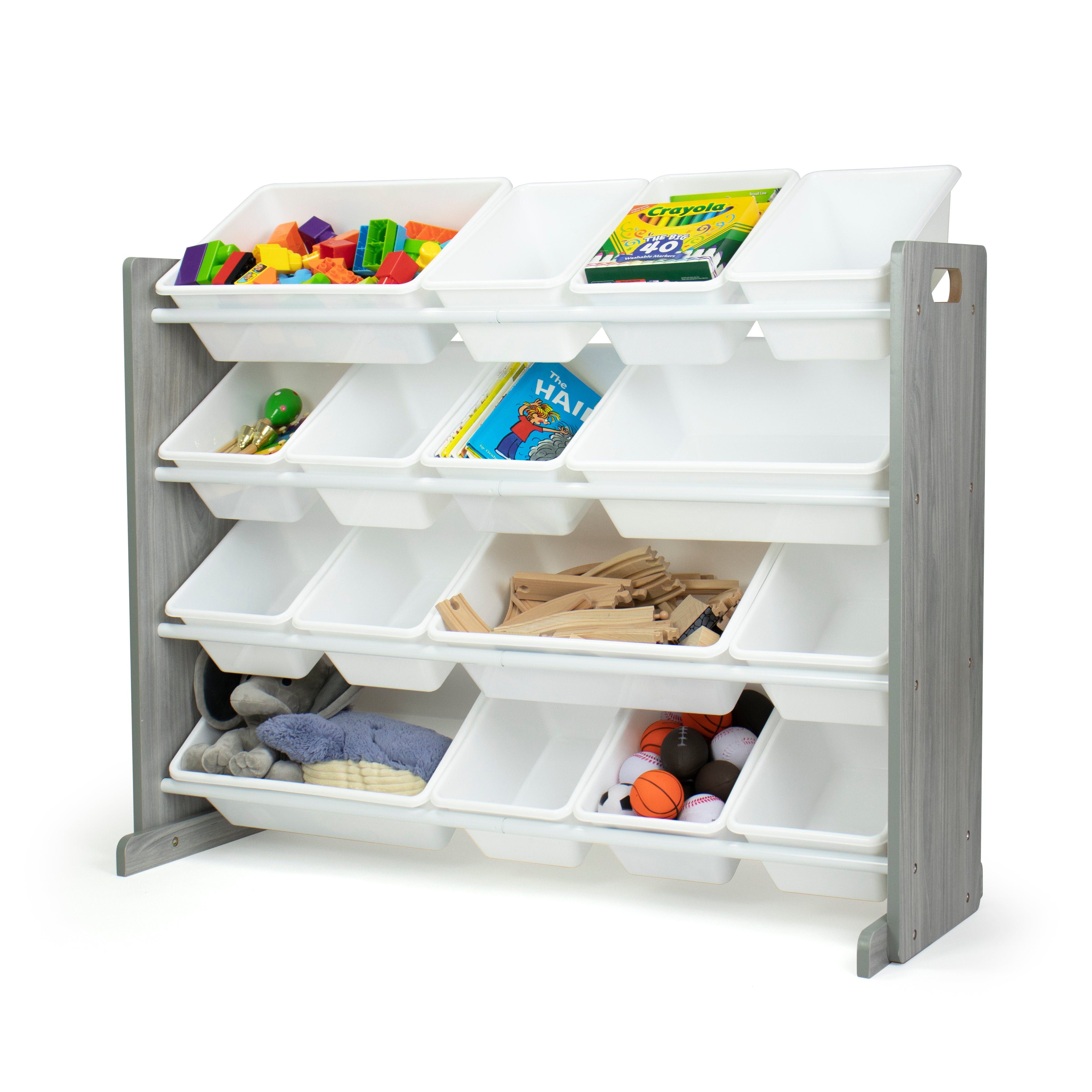 Slate Super Sized Toy Storage Organizer with 16 Storage Bins, Grey Wood Grain/White