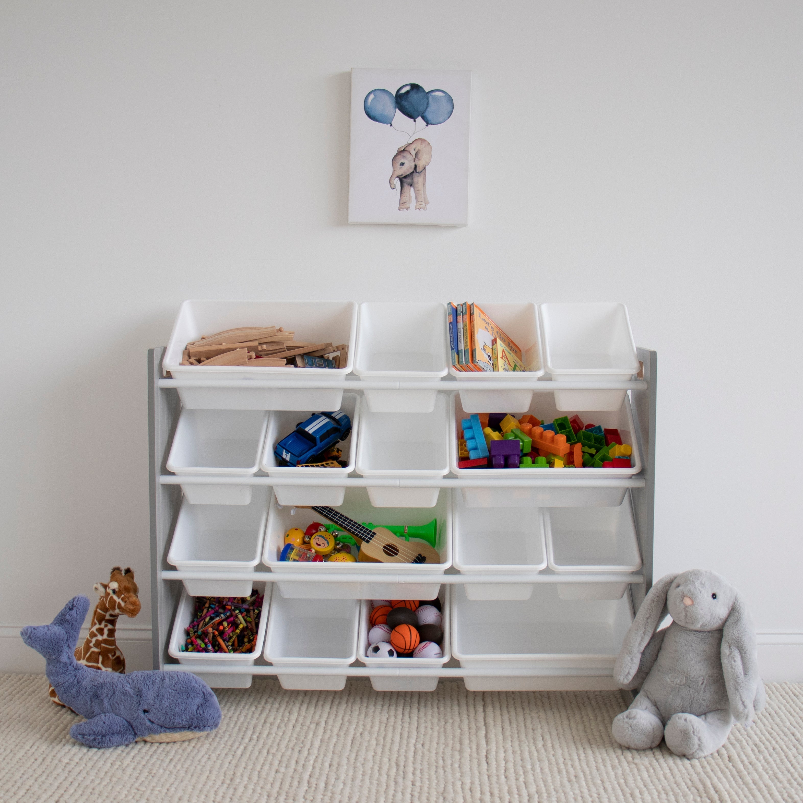 Slate Super Sized Toy Storage Organizer with 16 Storage Bins, Grey Wood Grain/White