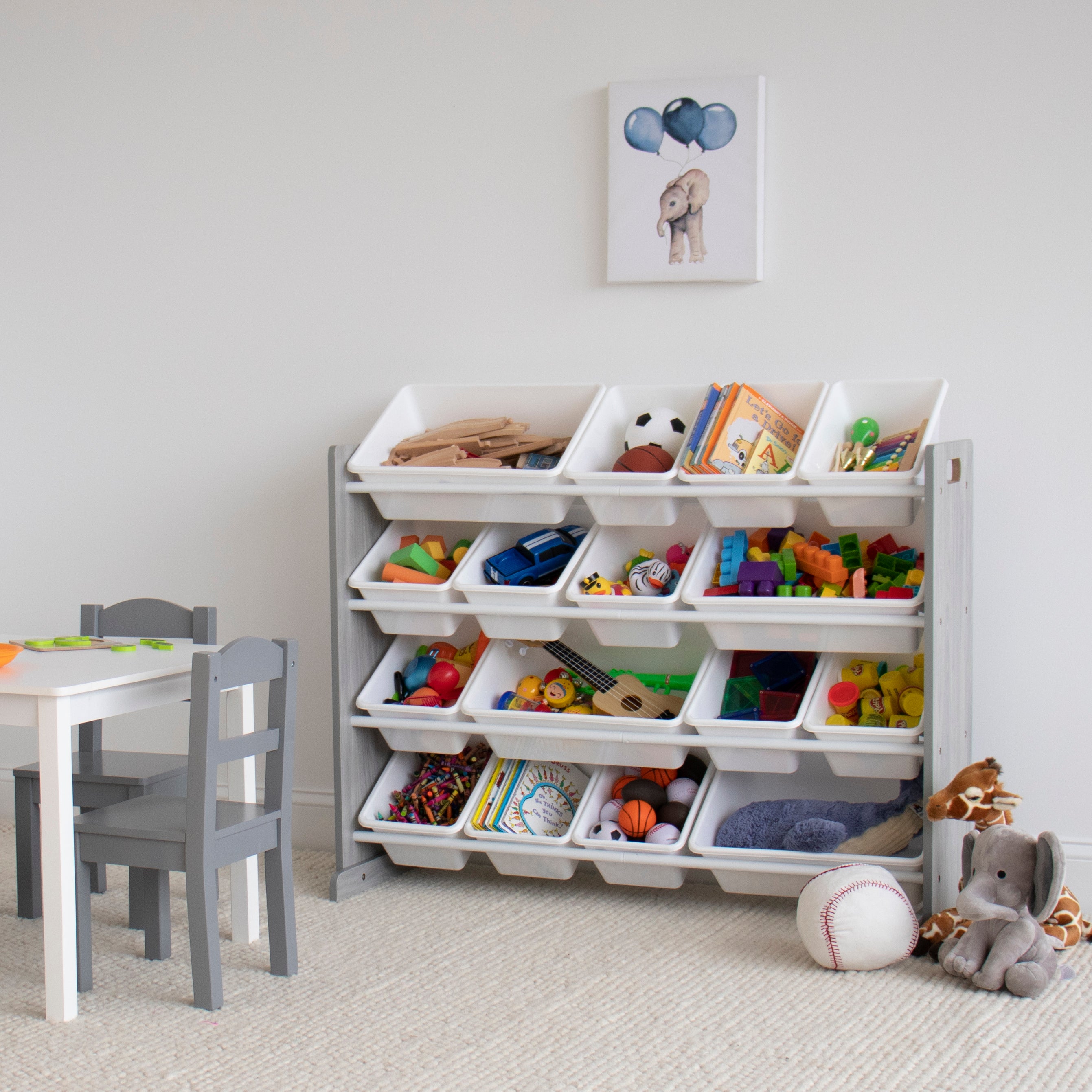 Slate Super Sized Toy Storage Organizer with 16 Storage Bins, Grey Wood Grain/White