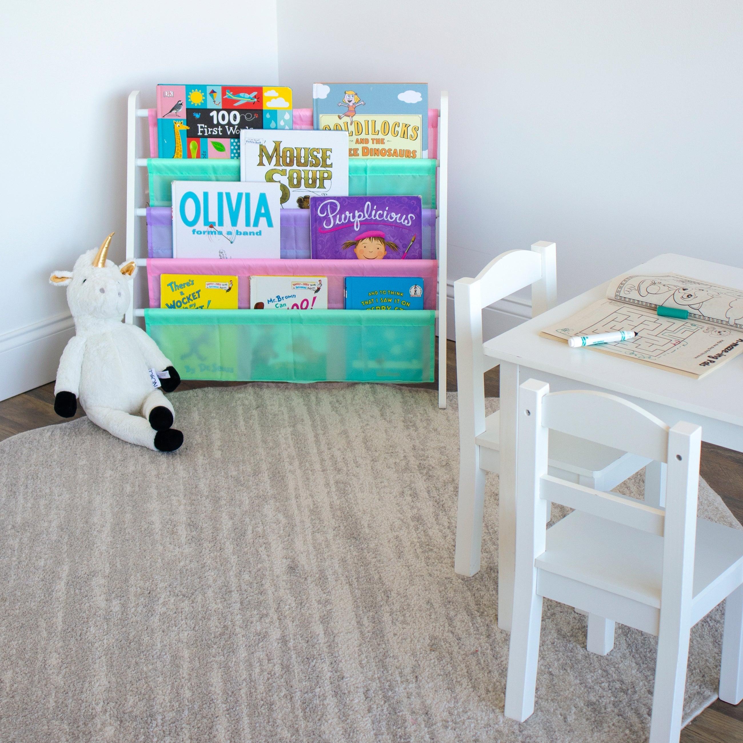 Holland Kids 4 Tier Book Rack Organizer, White/Pastel