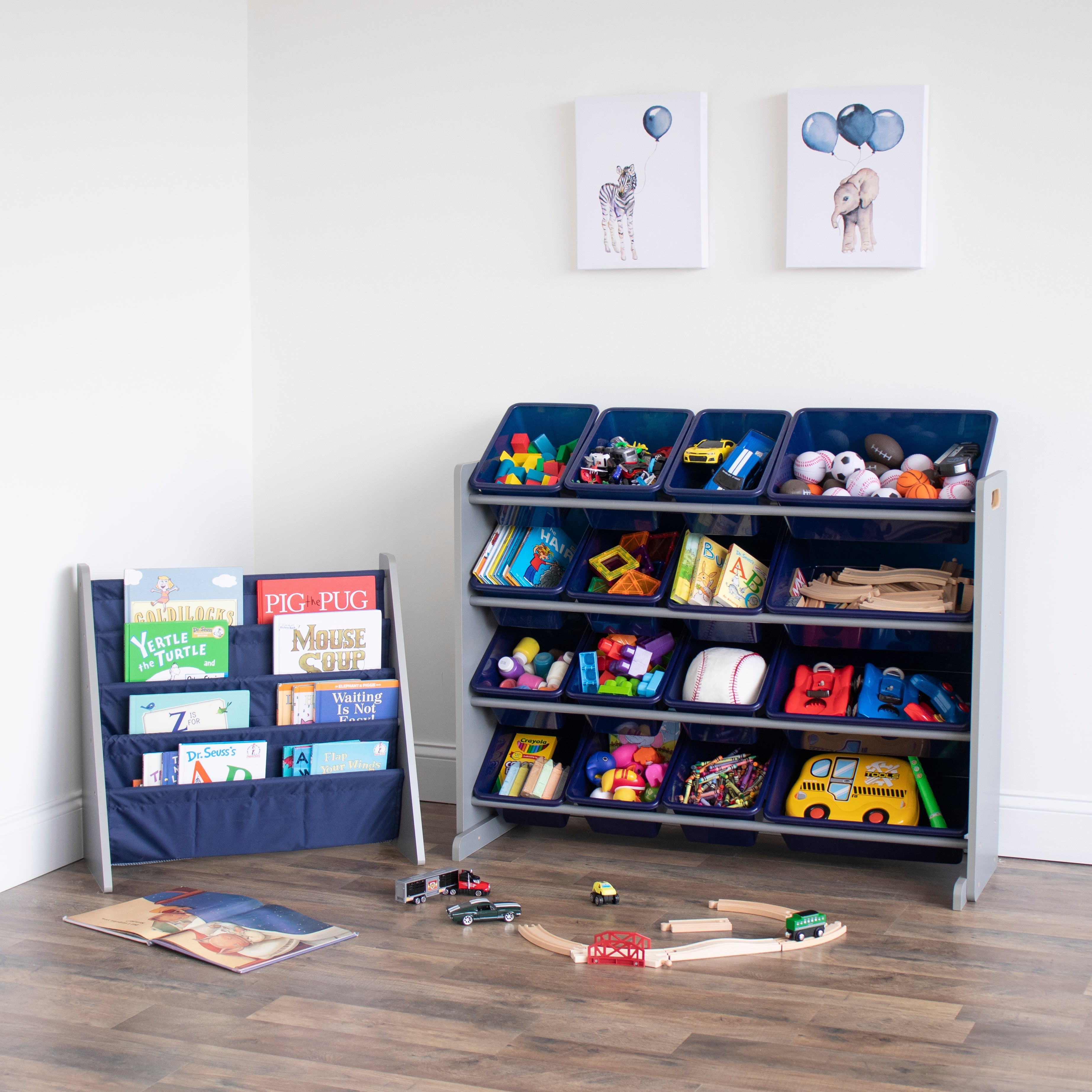 Kids Bookshelf 4 Tier Book Organizer, Navy/Grey