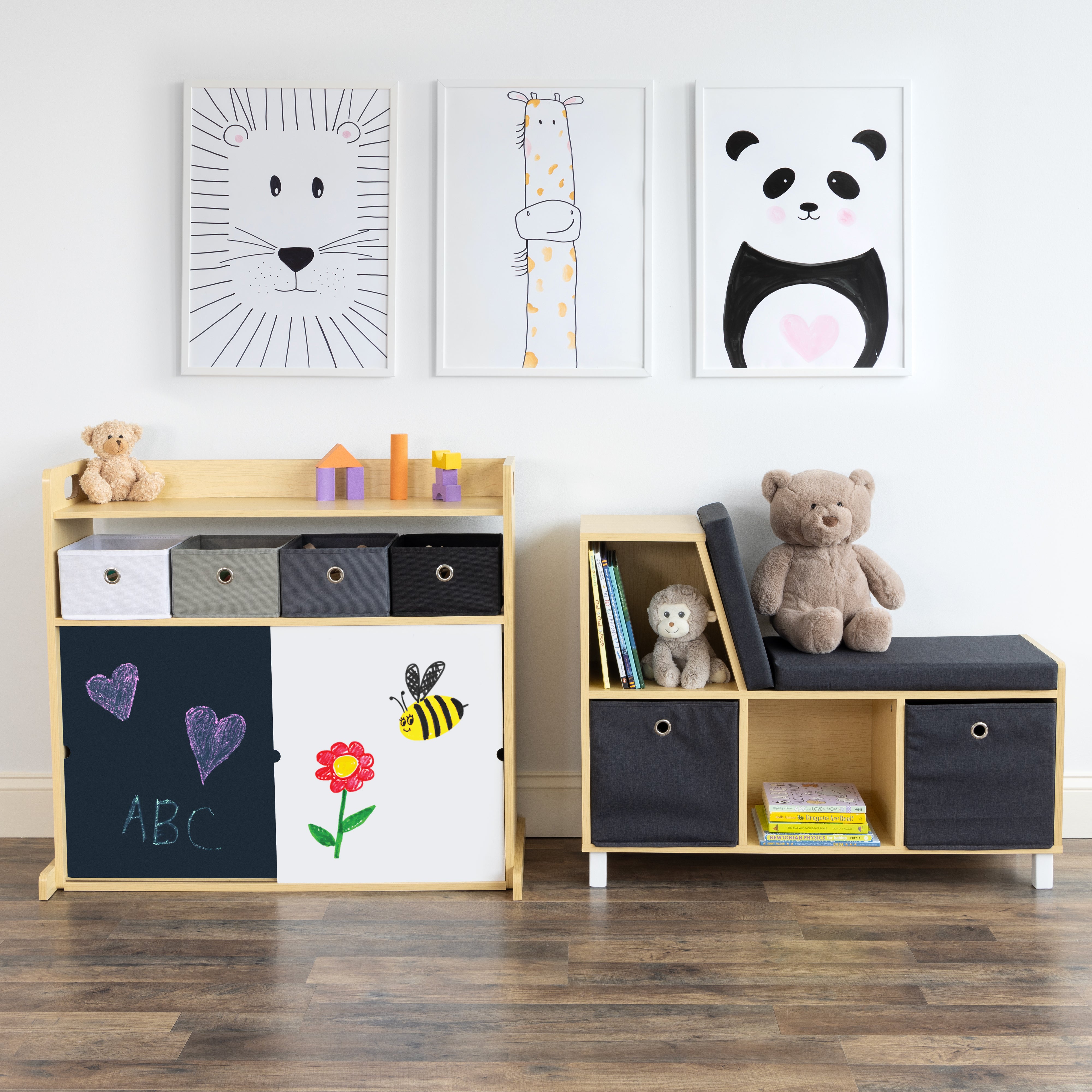 Humble Crew Dalton Toddler Organizer with 12 Fabric Bins & Doodle Doors, Natural/Black/White/Grey