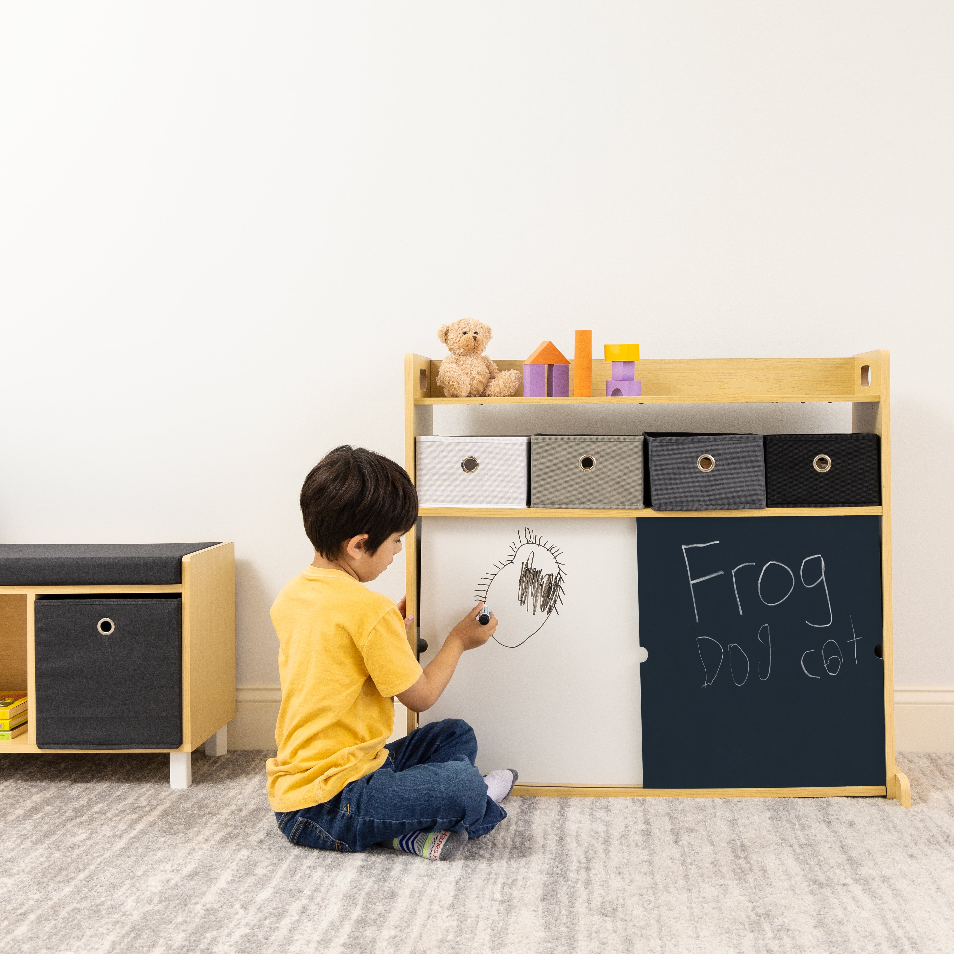 Humble Crew Dalton Toddler Organizer with 12 Fabric Bins & Doodle Doors, Natural/Black/White/Grey