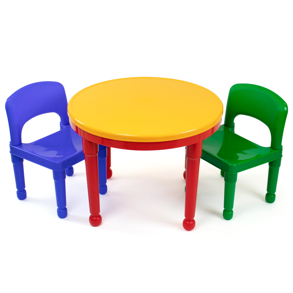 Primary Kids 2-in-1 Plastic Building Blocks-Compatible, Dry Erase Activity Table and 2 Chairs Set, Red/Green/Blue