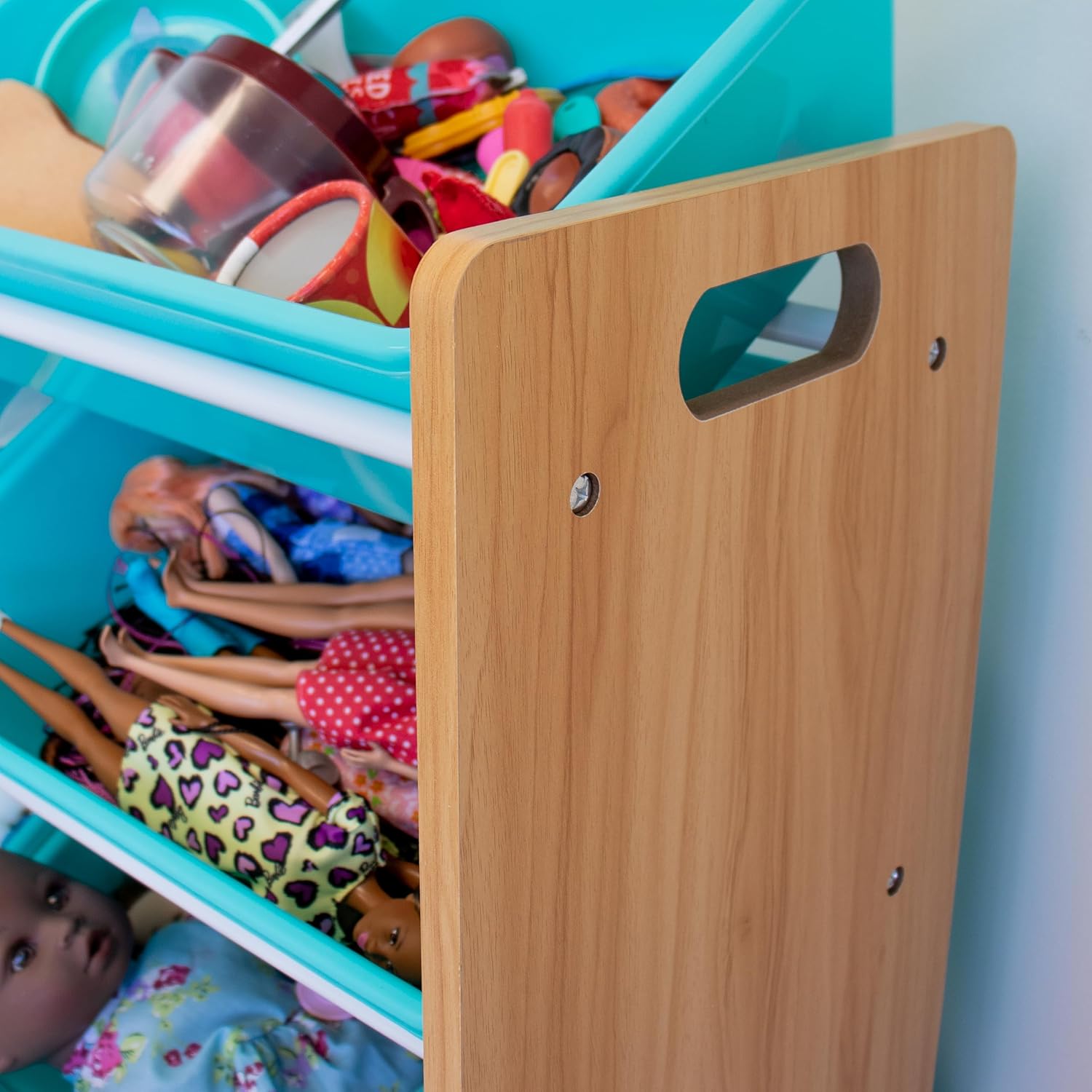 Humble Crew 12 Bin Toy Storage Organizer, Natural Wood/Aqua
