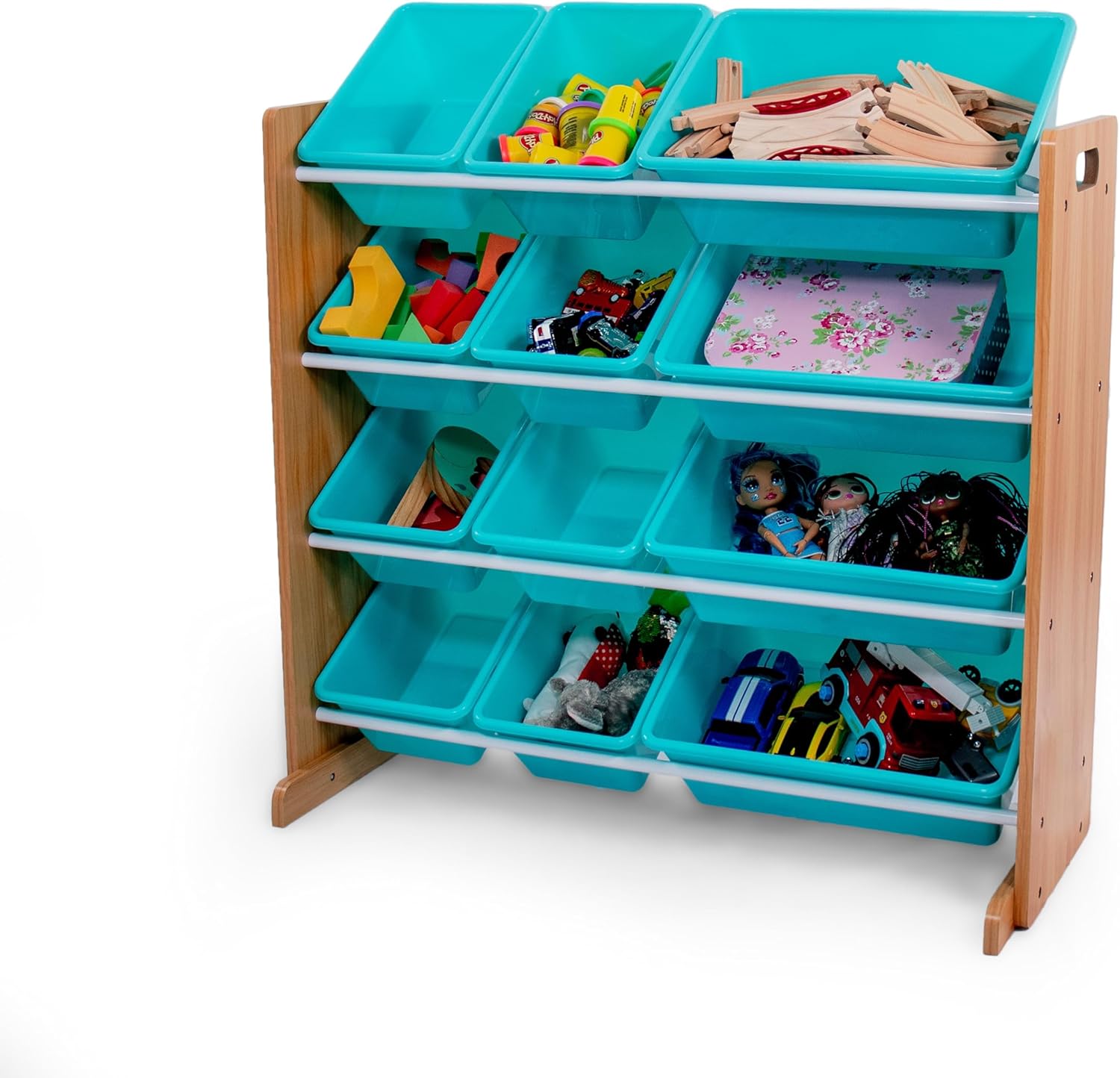 Humble Crew 12 Bin Toy Storage Organizer, Natural Wood/Aqua