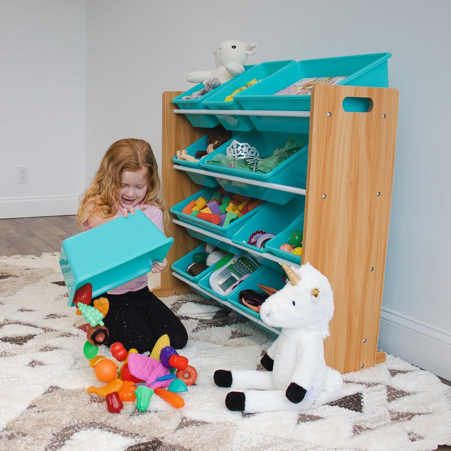 Humble Crew 12 Bin Toy Storage Organizer, Natural Wood/Aqua