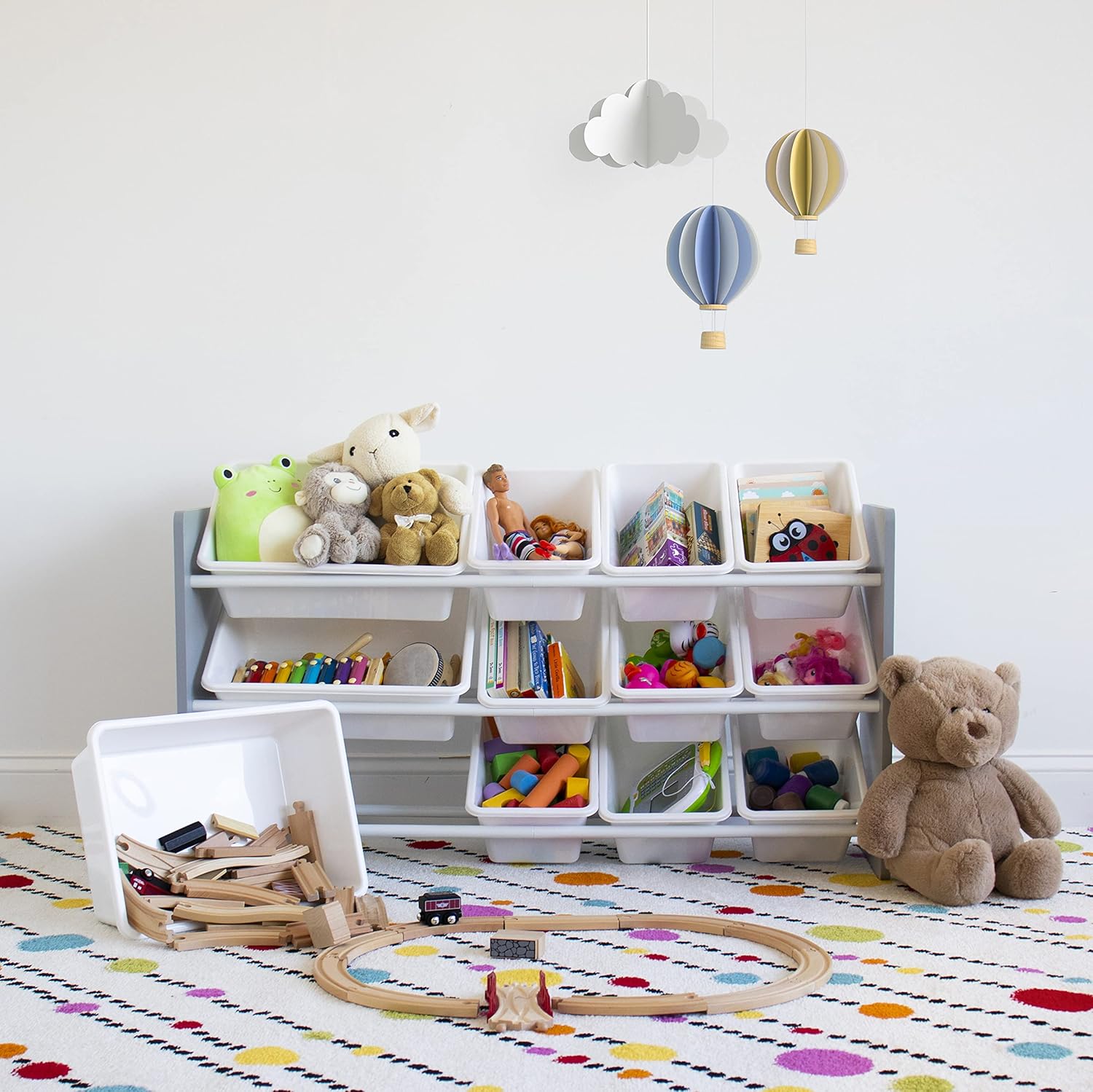 Humble Crew Inspire Made For Me Kids Toy Storage Organizer with 12 Storage Bins, Grey/White