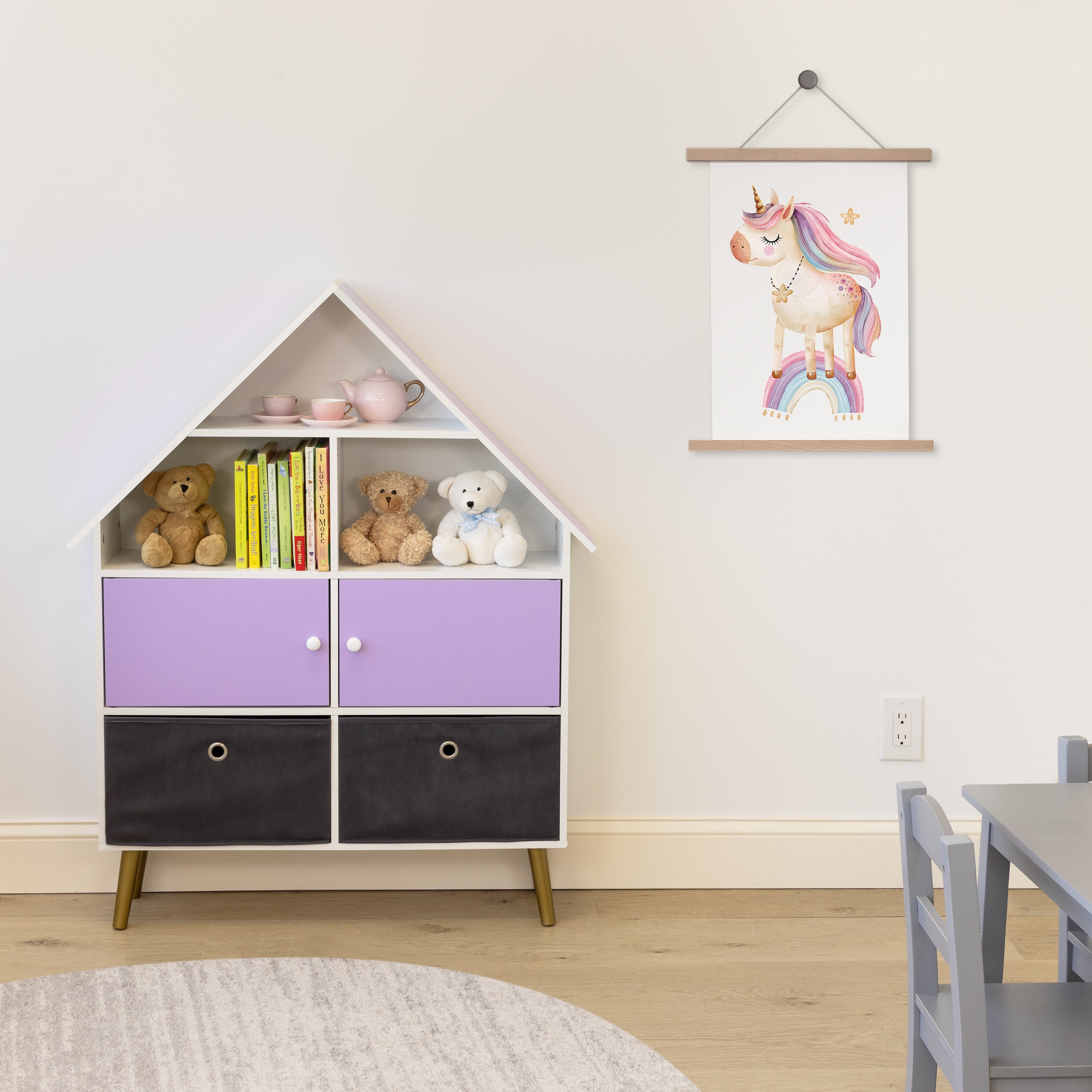 Humble Crew Violet Dollhouse Storage Organizer & Bookcase with 2 Fabric Bins, Purple/White