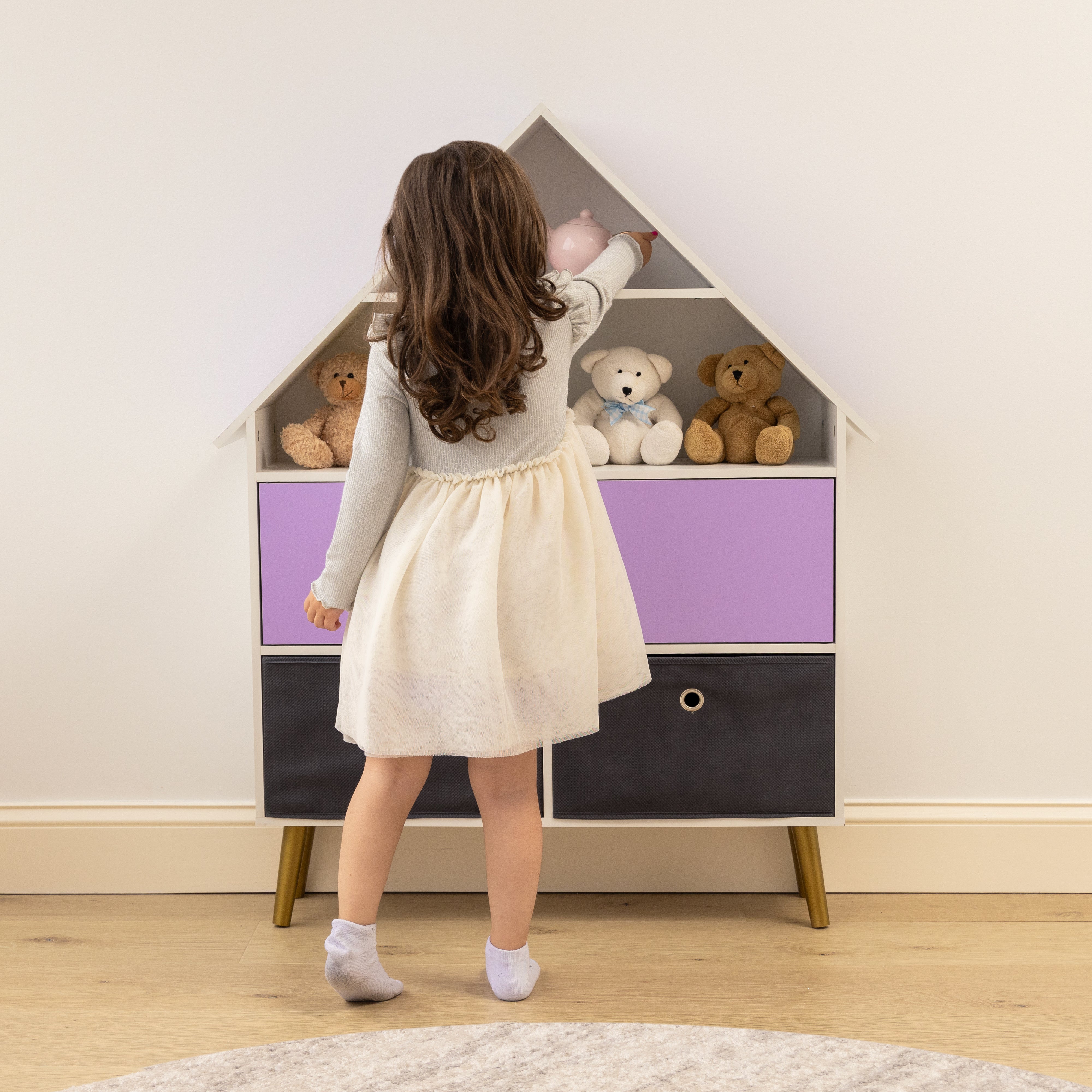 Humble Crew Violet Dollhouse Storage Organizer & Bookcase with 2 Fabric Bins, Purple/White