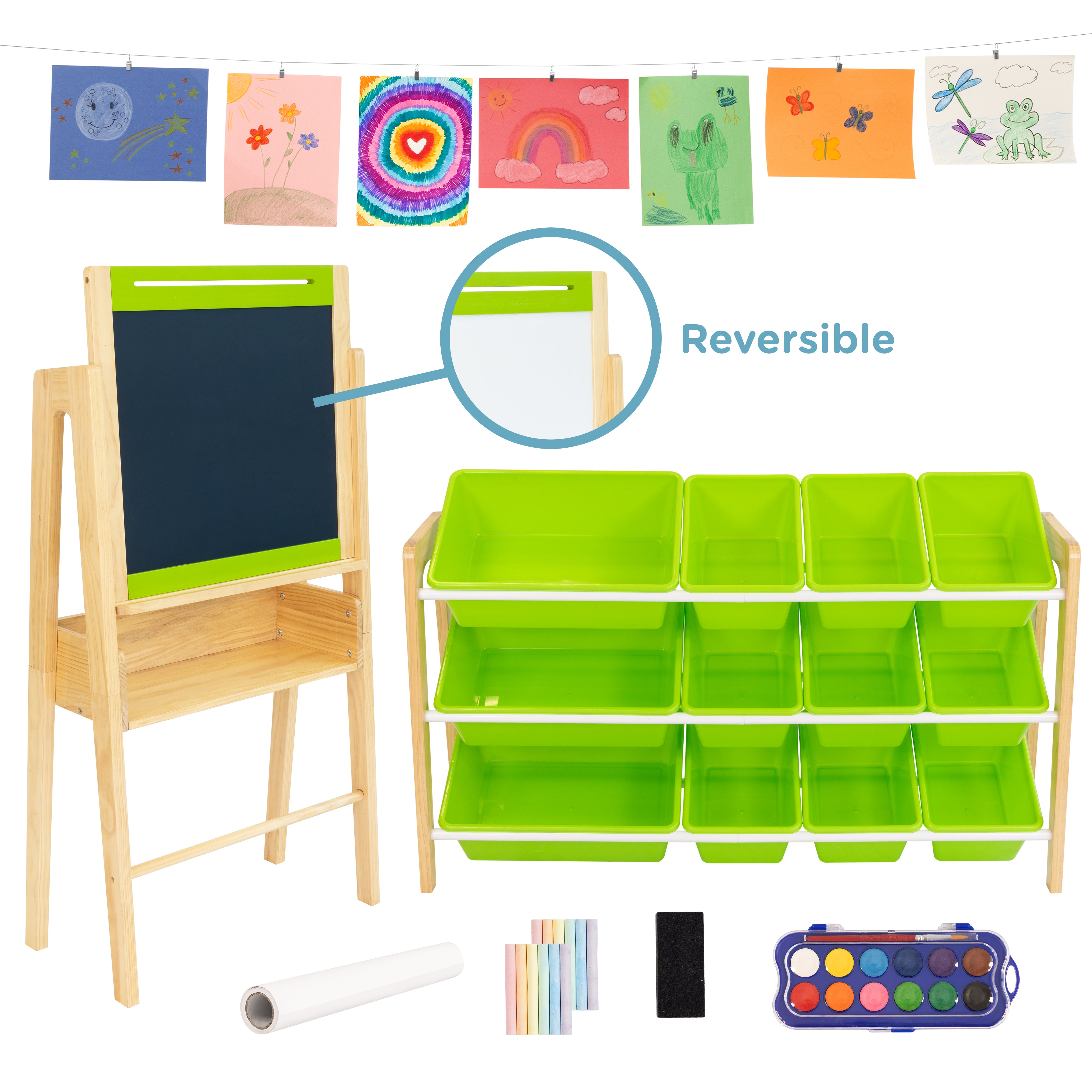 Humble Crew Double-Sided Art Easel for Kids with 12-Bin Storage Organizer and Art Supplies – Paint, Draw, and Create for Toddlers and Preschoolers