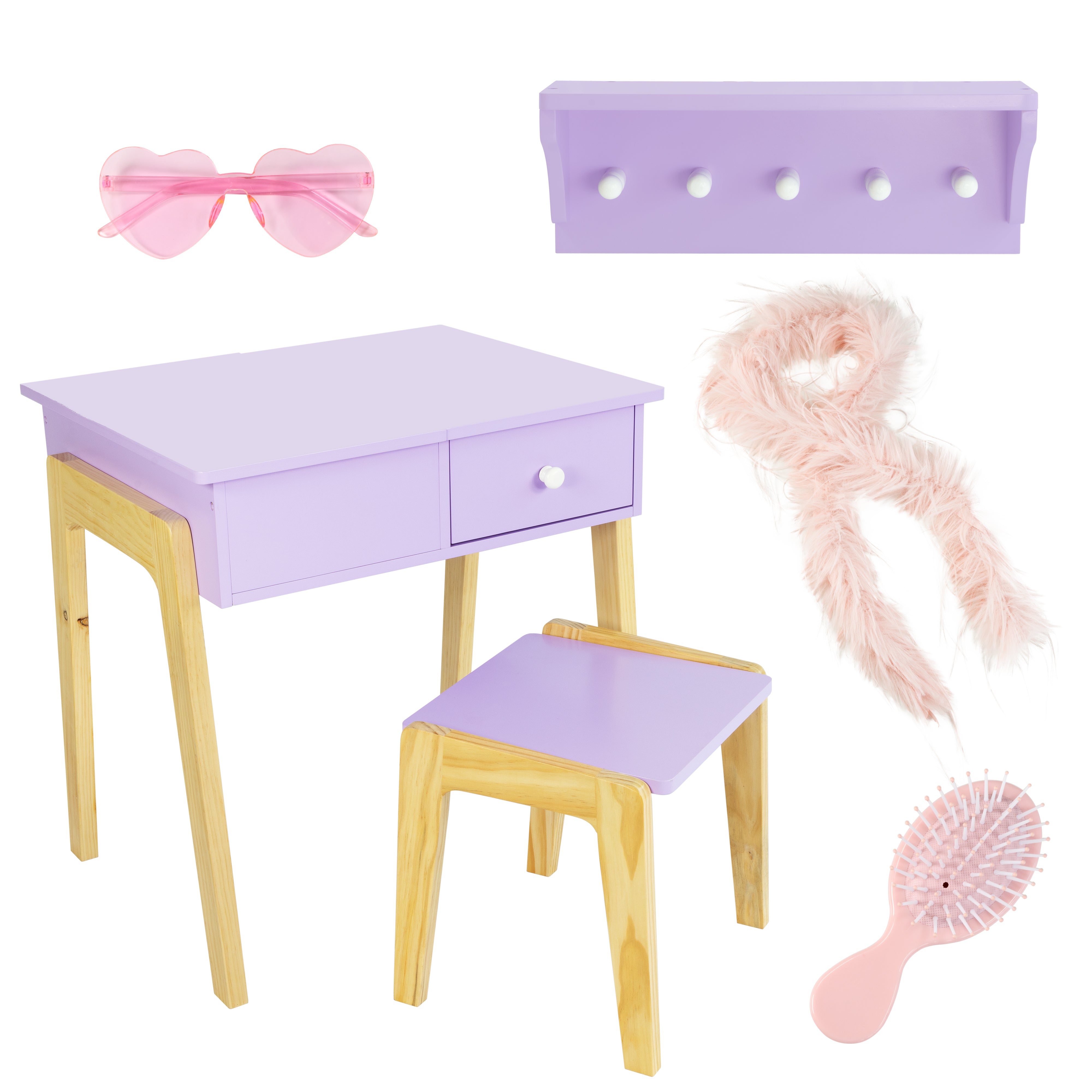 Humble Crew Kids Wooden Vanity Table & Stool with Mirror, Hanging Shelf, and Dress-Up Accessories – Pretend Play Makeup Station for Toddlers & Preschoolers