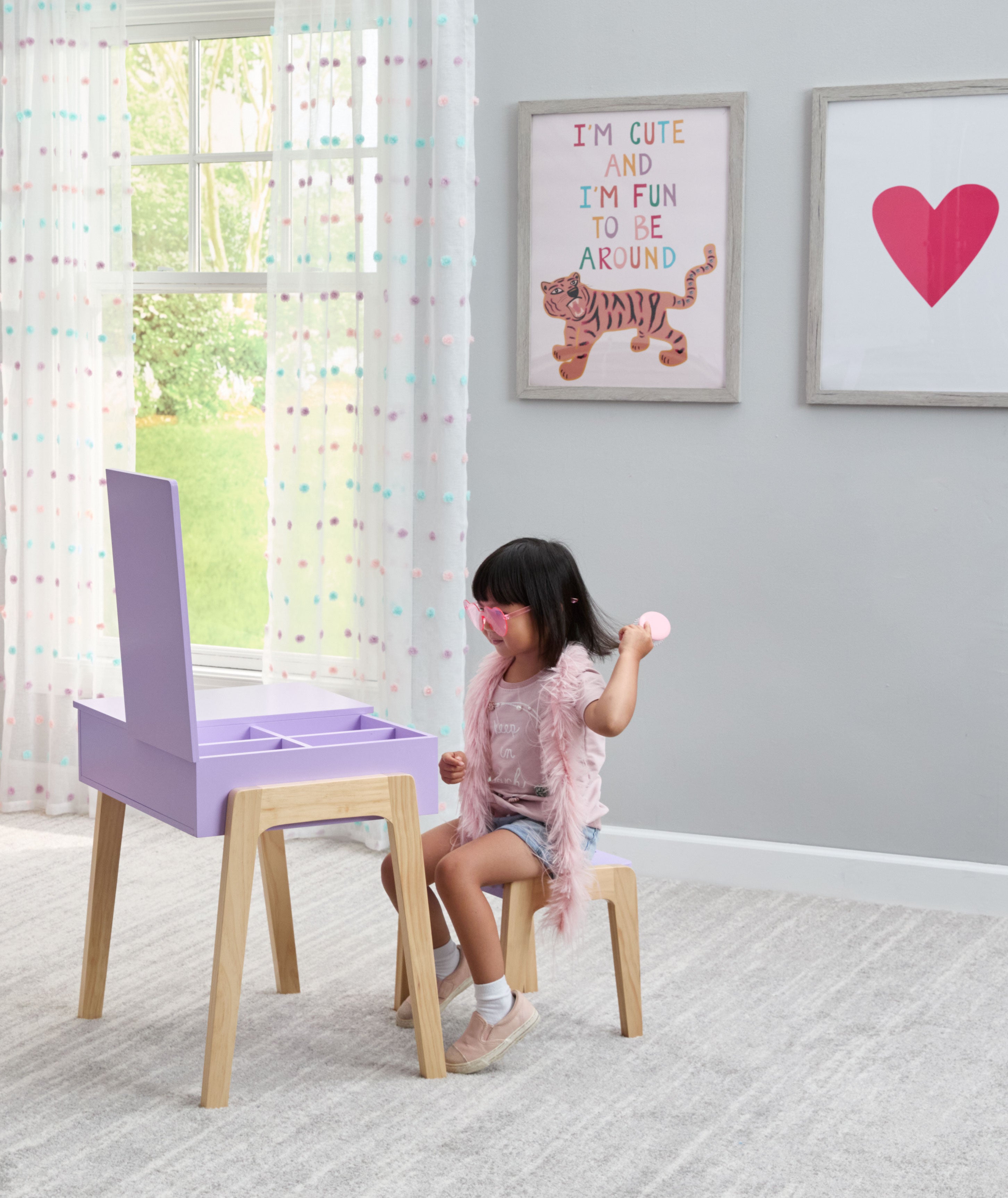 Humble Crew Kids Wooden Vanity Table & Stool with Mirror, Hanging Shelf, and Dress-Up Accessories – Pretend Play Makeup Station for Toddlers & Preschoolers