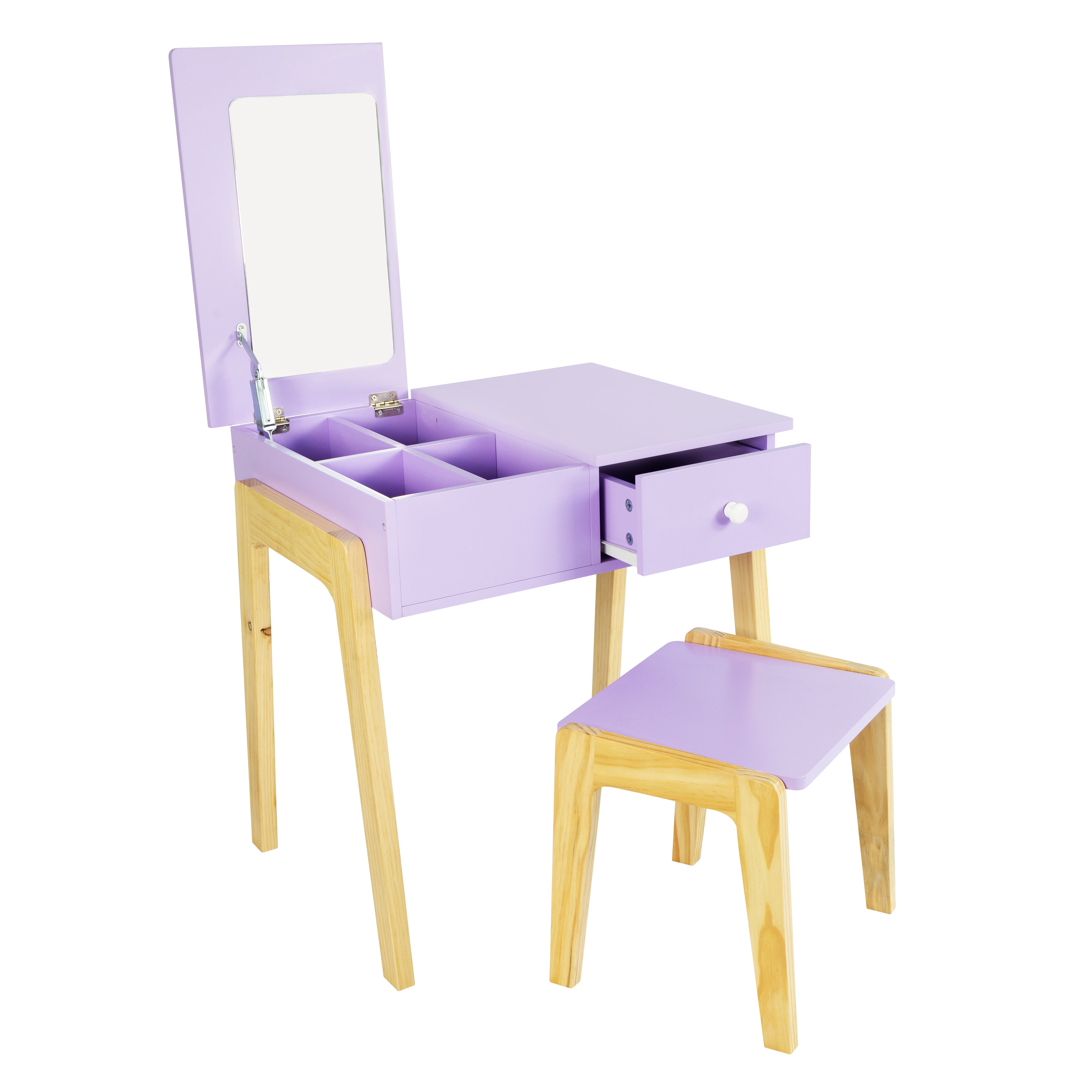 Humble Crew Kids Wooden Vanity Table & Stool with Mirror, Hanging Shelf, and Dress-Up Accessories – Pretend Play Makeup Station for Toddlers & Preschoolers