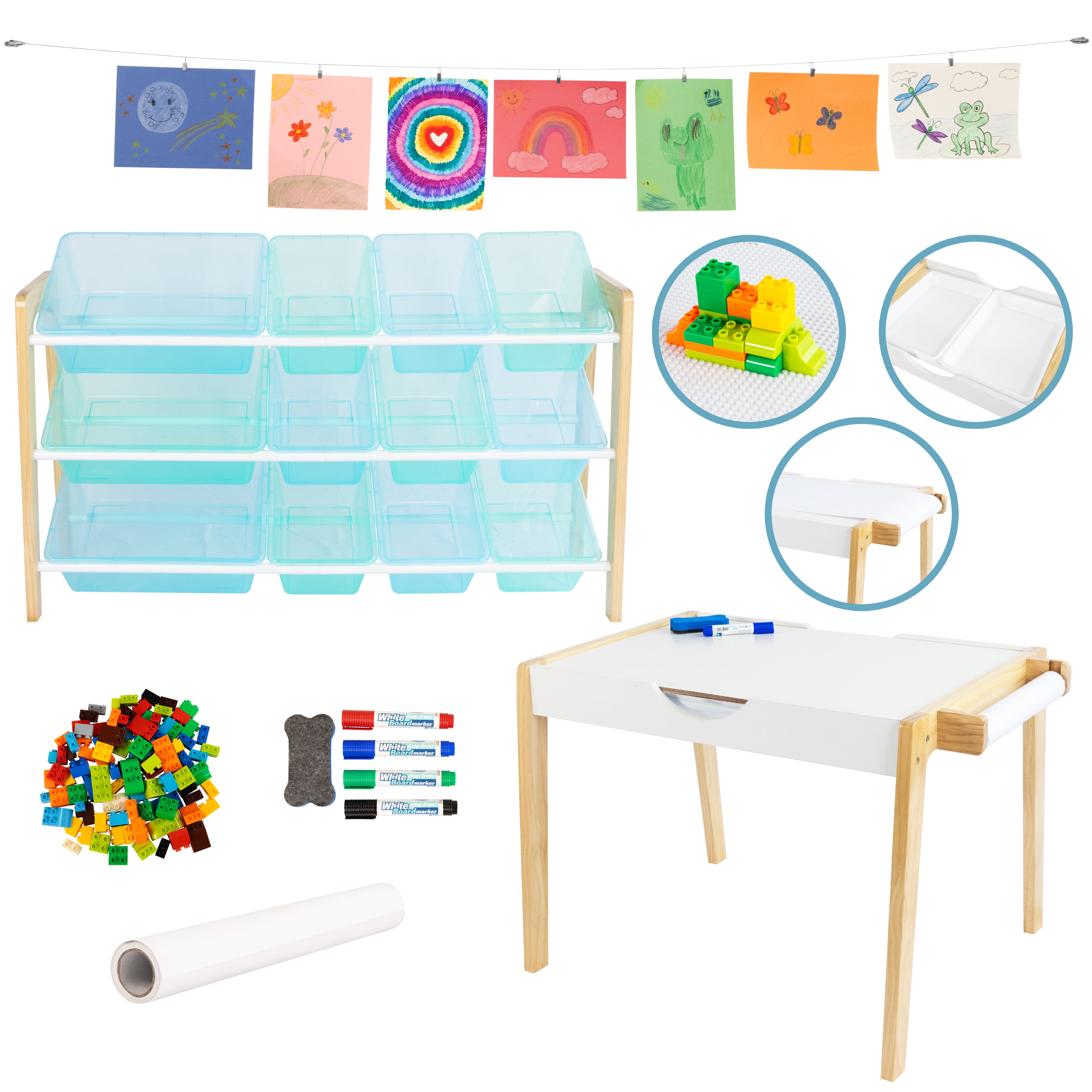 Humble Crew Kids 3-in-1 Activity Table with Markers, Building Bricks & 12-Bin Toy Storage Organizer