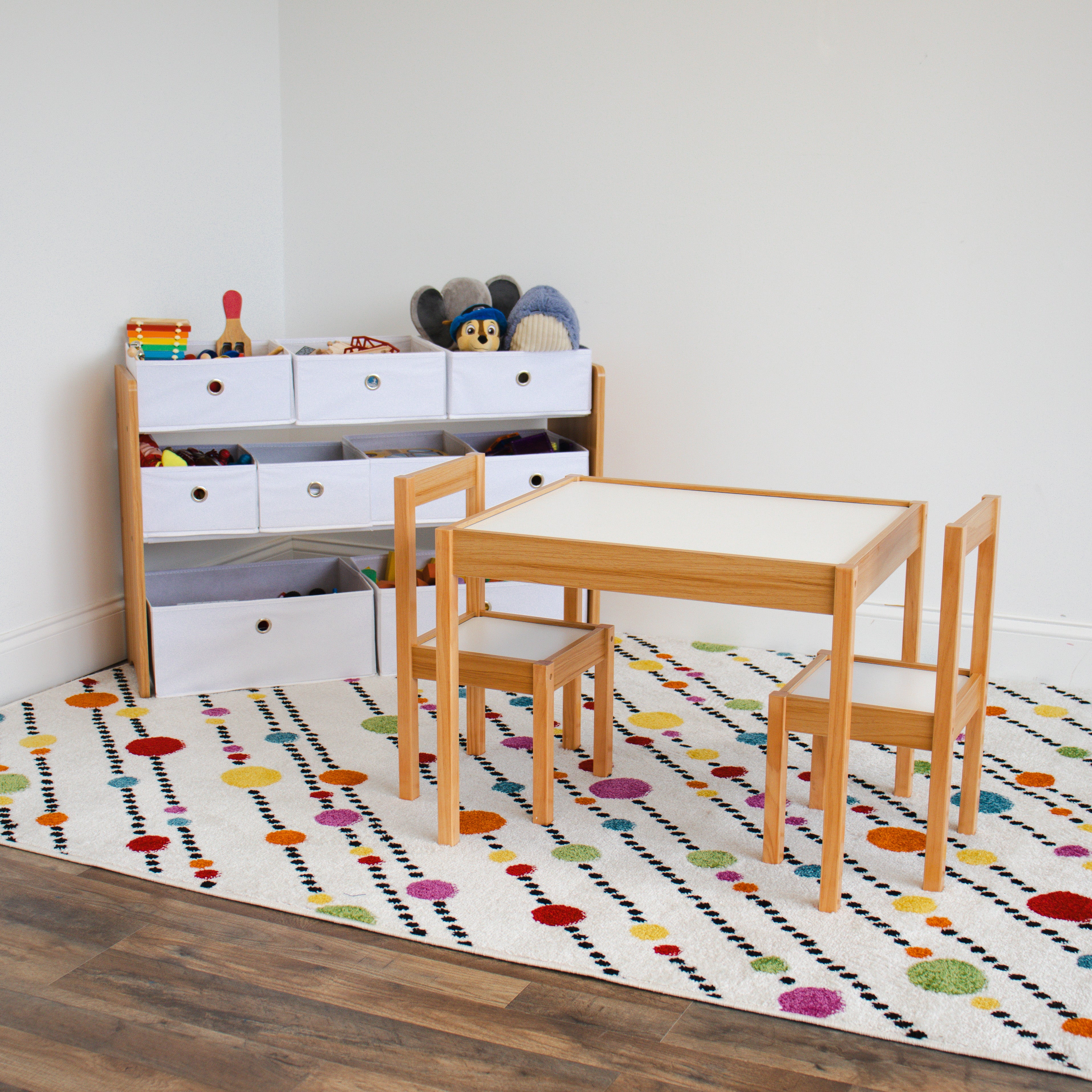 Humble Crew Journey Playroom in a Box, Kids 9 Bin Toy Organizer and 3pc Wood Table and Chair Set, Natural/White
