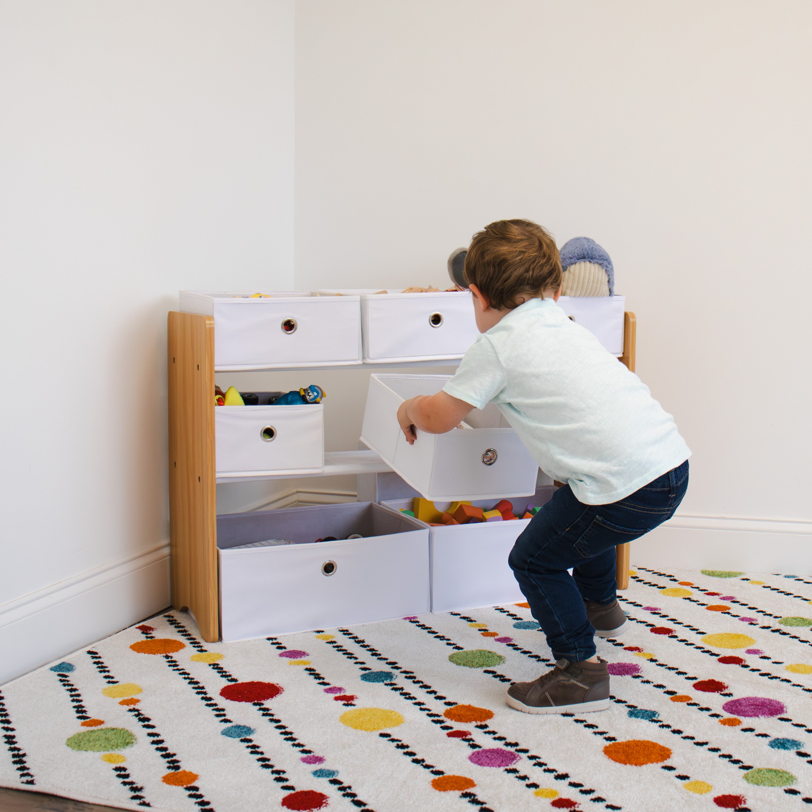 Humble Crew Journey Playroom in a Box, Kids 9 Bin Toy Organizer and 3pc Wood Table and Chair Set, Natural/White