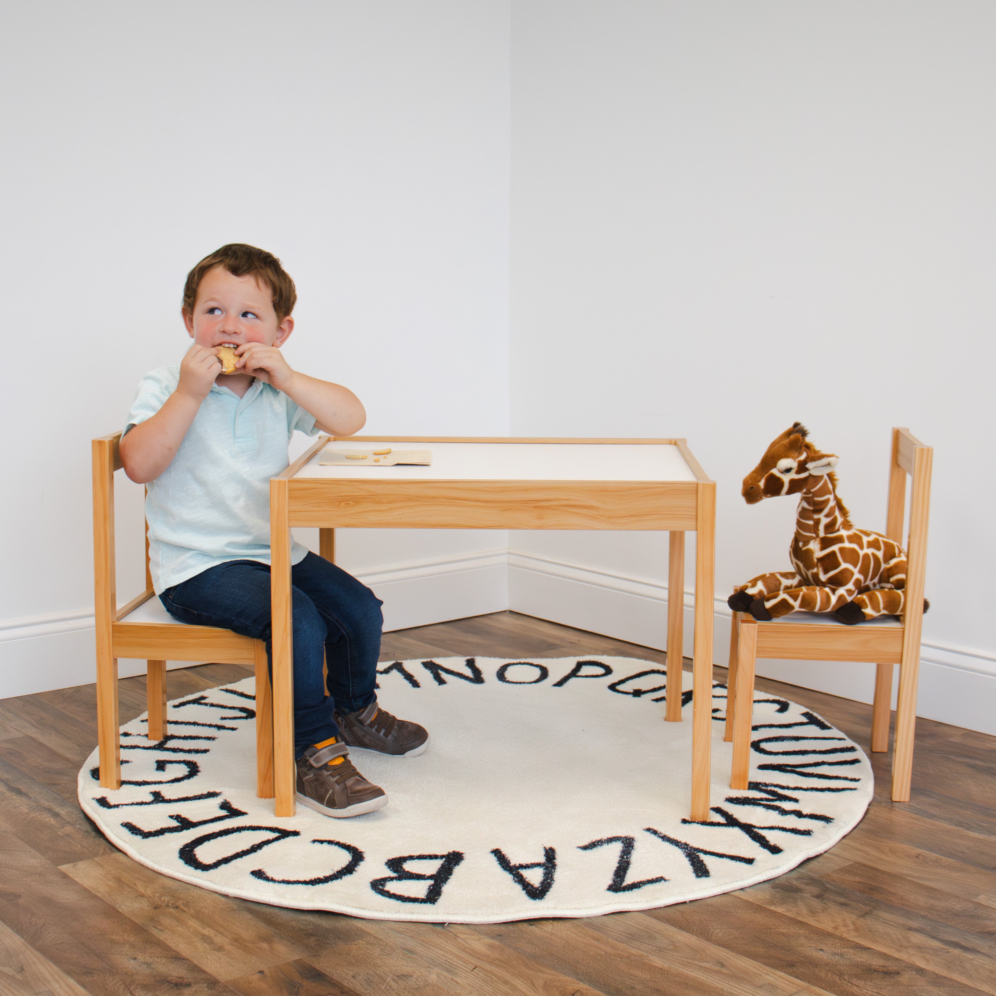 Humble Crew Journey Playroom in a Box, Kids 9 Bin Toy Organizer and 3pc Wood Table and Chair Set, Natural/White