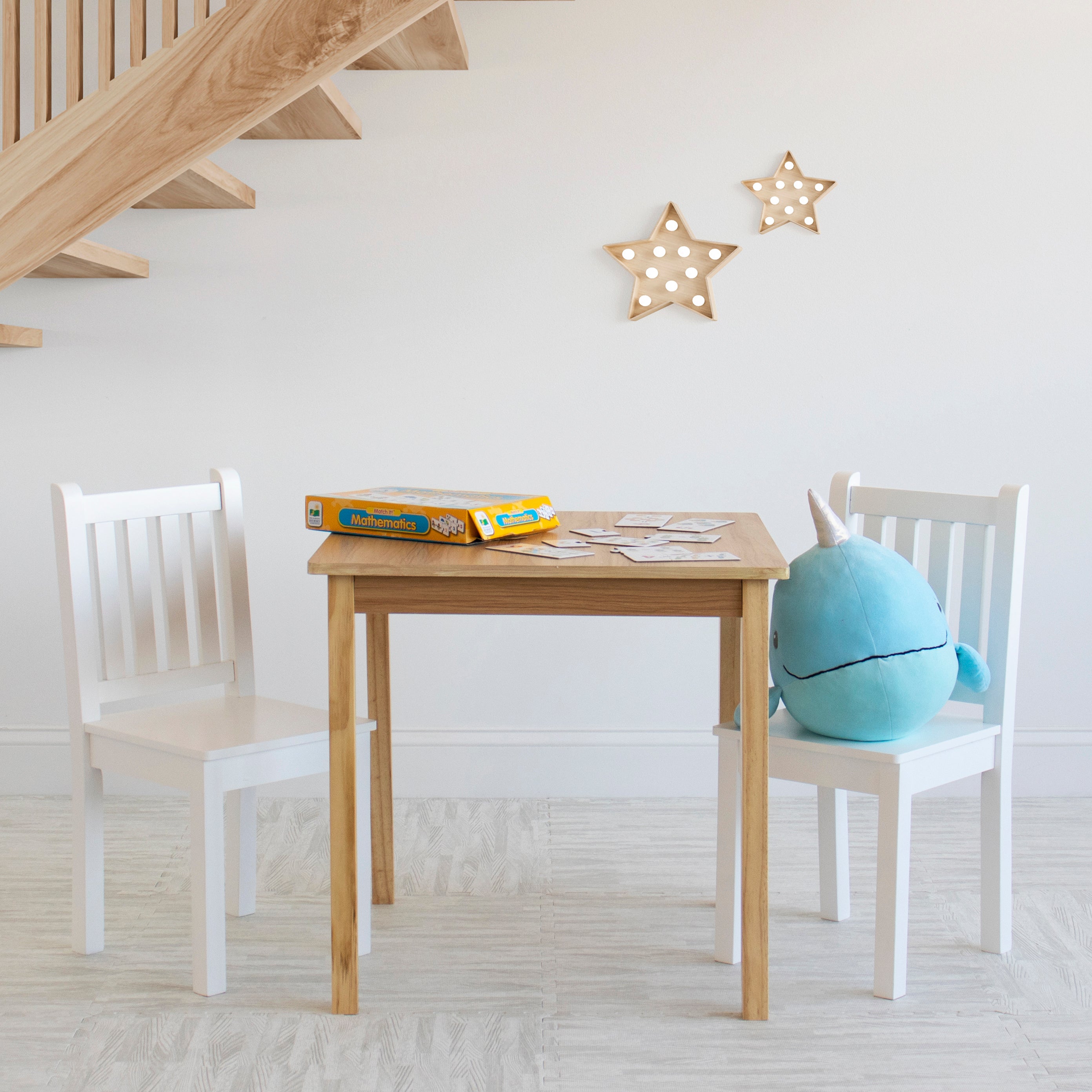 Humble Crew Journey Kids Wood Table and 2 Chairs Set, Square, Natural/White