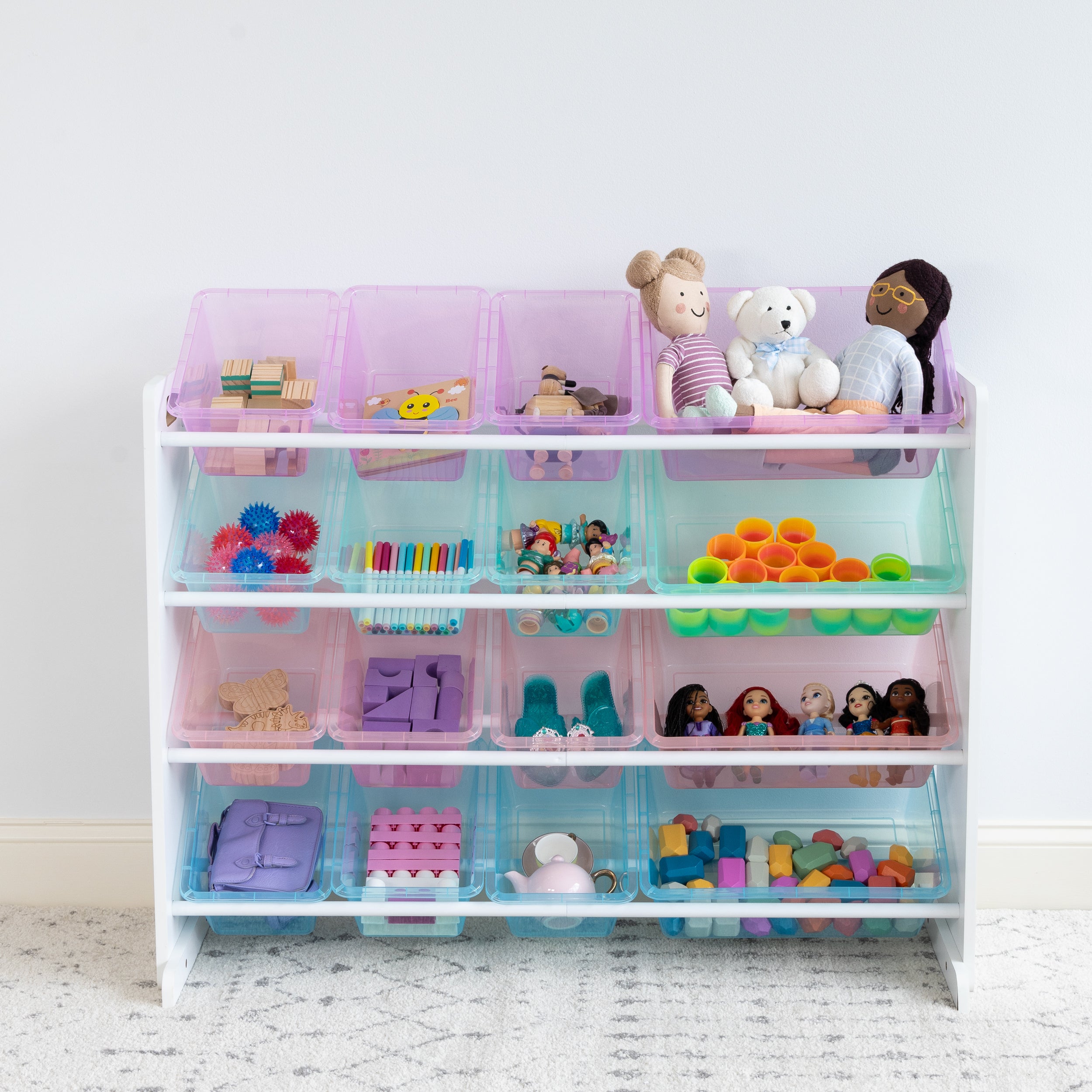 Humble Crew Unicorn Supersized Toy Storage Organizer with 16 Plastic Storage Bins, White/Purple/Pink/Blue