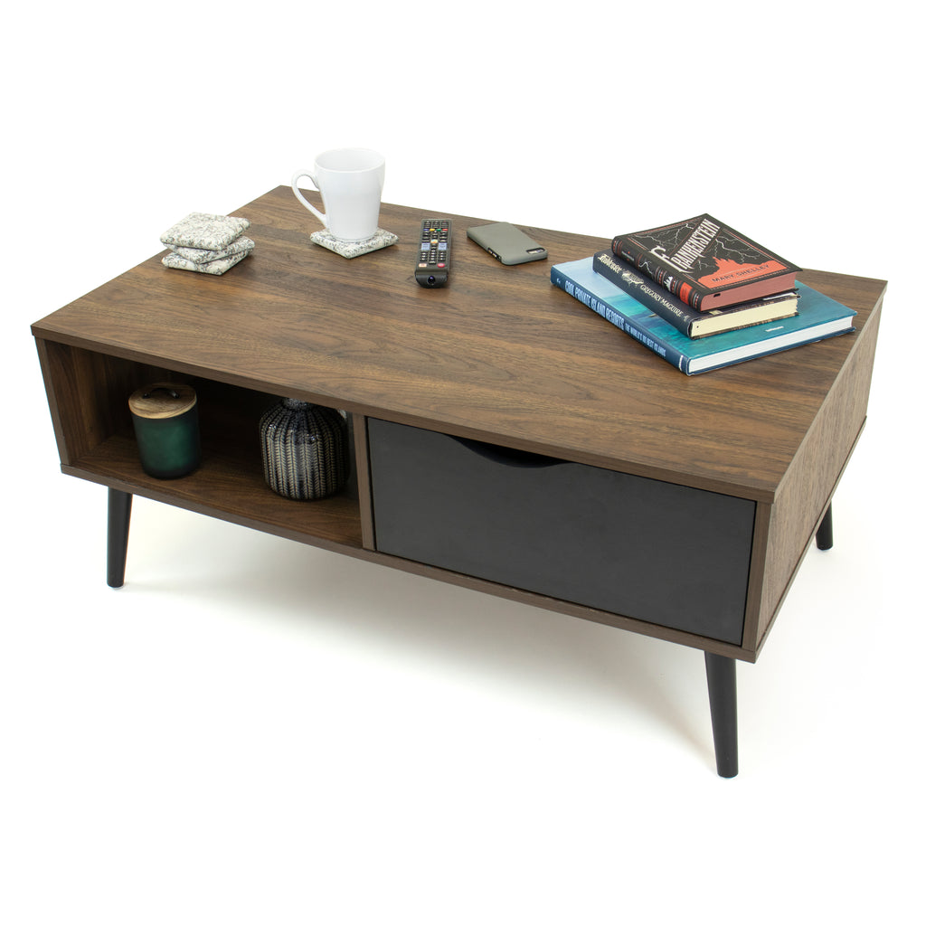 Seine Low Mid-Century Coffee Table with Open Shelf and Drawer Storage, Dark Walnut/Black