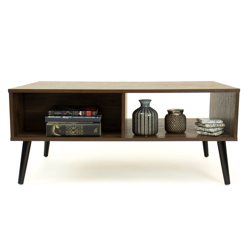Seine Low Mid-Century Coffee Table with Open Shelf and Drawer Storage, Dark Walnut/Black
