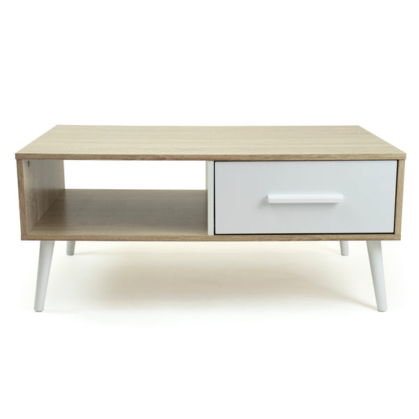 Stockholm Low Mid-Century Coffee Table with Open Shelf and Drawer Storage, Oak/White