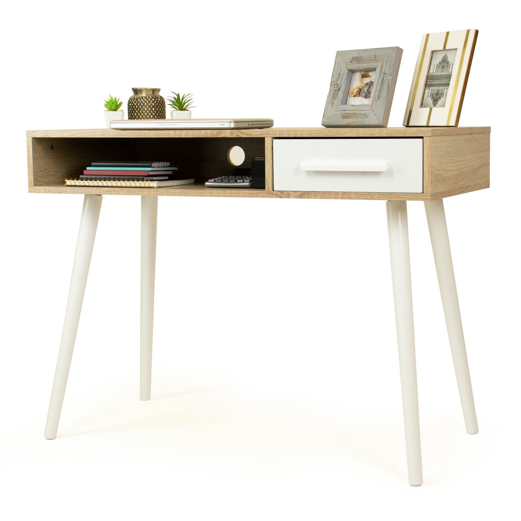 Stockholm Writing Desk and Console Entryway Table with Shelf and Drawer Storage, Oak/White