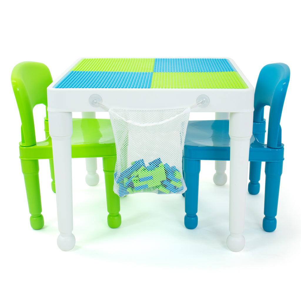 Kids 2-In-1 Square Activity Table and 2 Chair Set with 100 Pc Plastic Building Block Starter Set White/Green/Blue