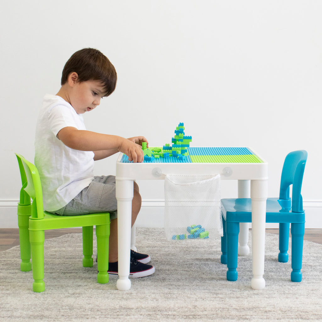 Kids 2-In-1 Square Activity Table and 2 Chair Set with 100 Pc Plastic Building Block Starter Set White/Green/Blue