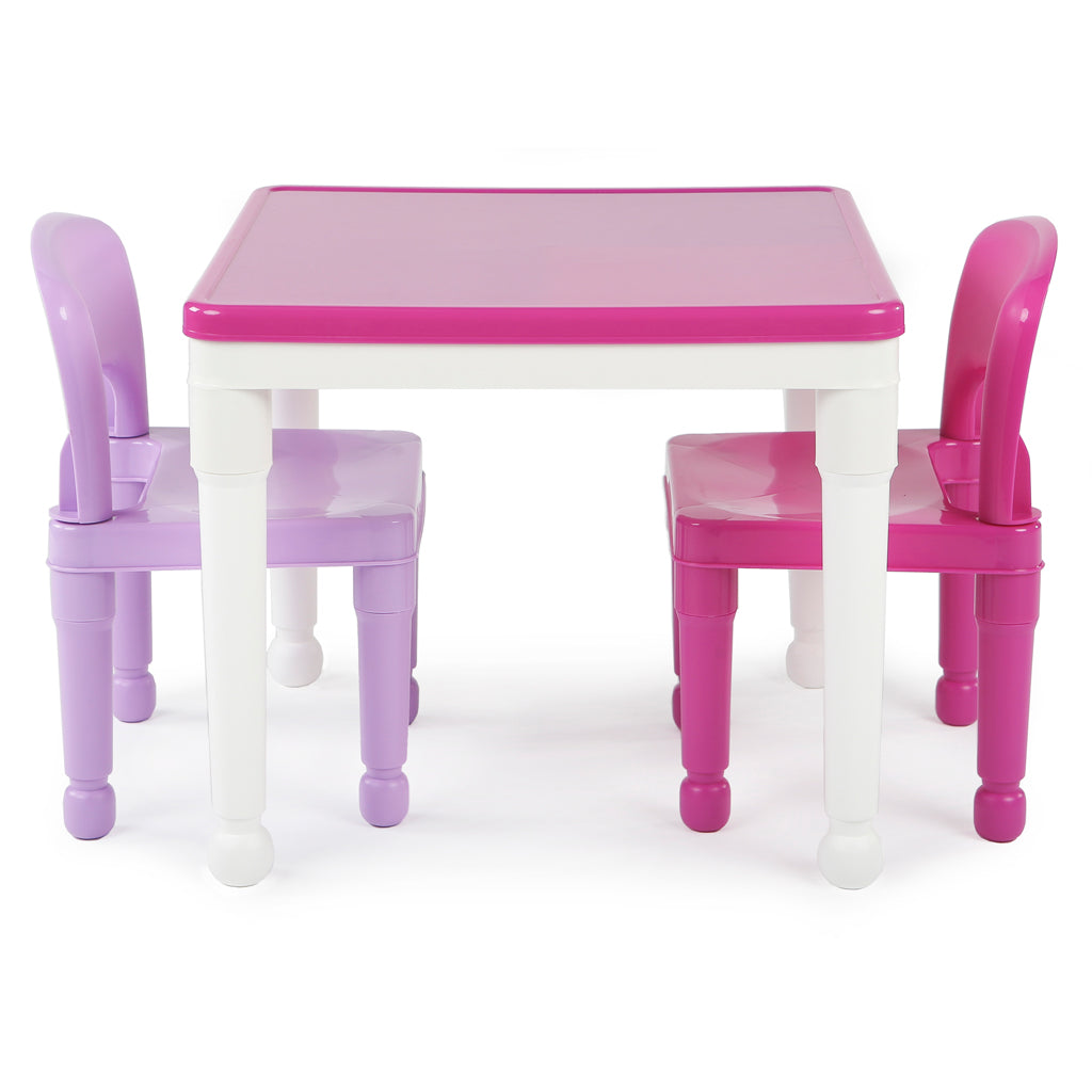 Kids 2-in-1 Plastic Building Blocks-Compatible Activity Table and 2 Chairs Set, Square, Pink/Purple/White